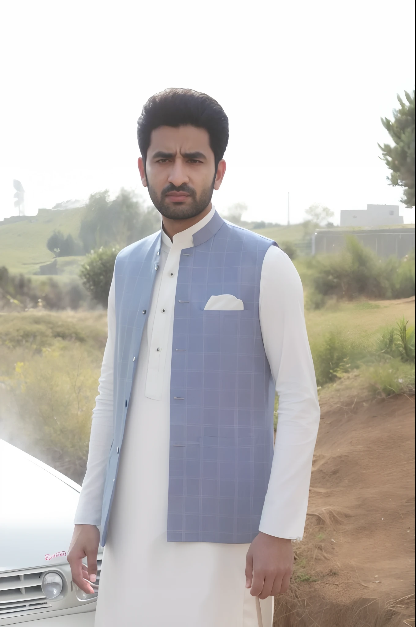 arafed man in a blue vest standing next to a car, khyzyl saleem, kyza saleem, dressed in a jodhpuri suit, profile picture 1024px, wearing a kurta, very very low quality picture, very clear picture, riyahd cassiem, ash thorp khyzyl saleem, full body picture