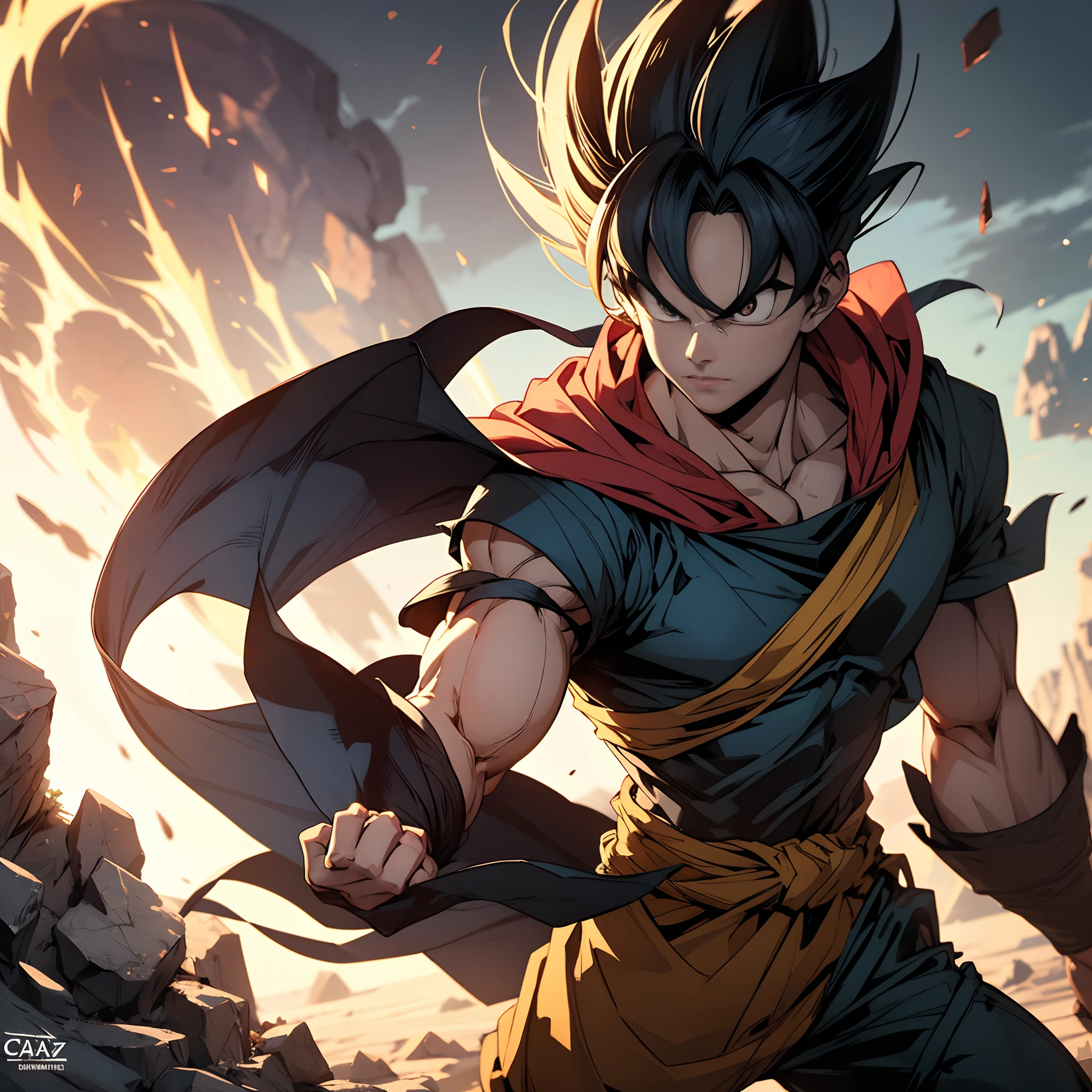 "Goku with geokinetic powers, capaz de manipular e moldar a terra de forma poderosa e precisa."