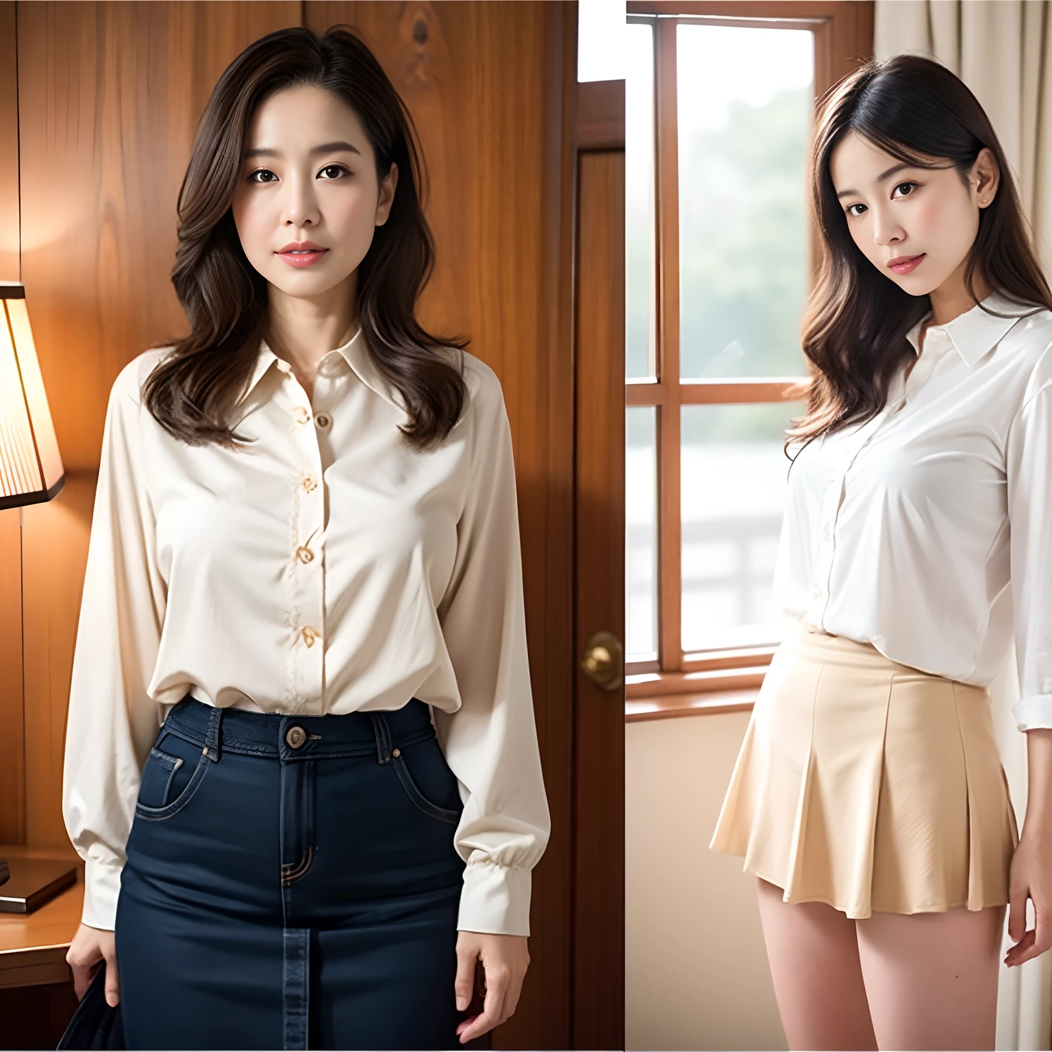 onoff,Two angles:1.5、2 screens:1.5, 2 photos、Separate screens:1.5, Same 1 person、 surrealistic, ((masterpiece:1.4、top-quality))、(photographrealistic:1.4)、profetional lighting、physically-based renderingt、Very cute、extremely detailed eye and face、Eyes in Beautiful Details、(Beautiful japanese woman:1.05)、sface focus、nsfw:1.5, ((Best Quality, 8k, Masterpiece: 1.3)), Photorealistic, Sharp Focus, High Quality, High Definition, Portrait, Solo, Japan, Beautiful MILF, Middle Aged Woman, Beauty, naked:1.5, 35 years old, Plump, Wavy Hair, neat and clean clothes, white Shirt, Long flare skirt, Mature woman's nipple, Wrinkles, Slightly saggy boobs:1.2,Full body ,Beautiful girl panties, Same skirt:1.5、Same panties:1.5、Same person:1.5、Cowboy Shot,