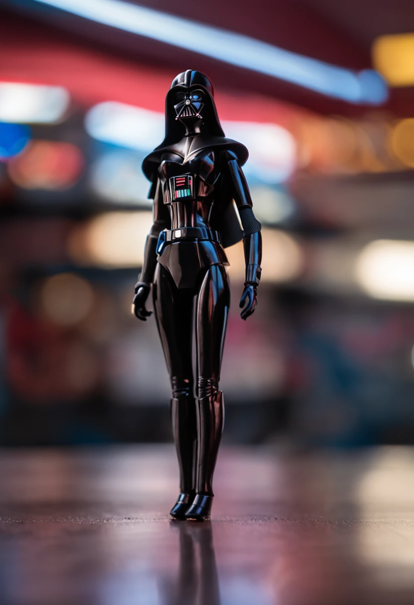 A Barbie figure, wearing (Darth Vader) suit, sith, (barbie), gorgeous body, hourglass body, toy, action figure, Photo, plastic