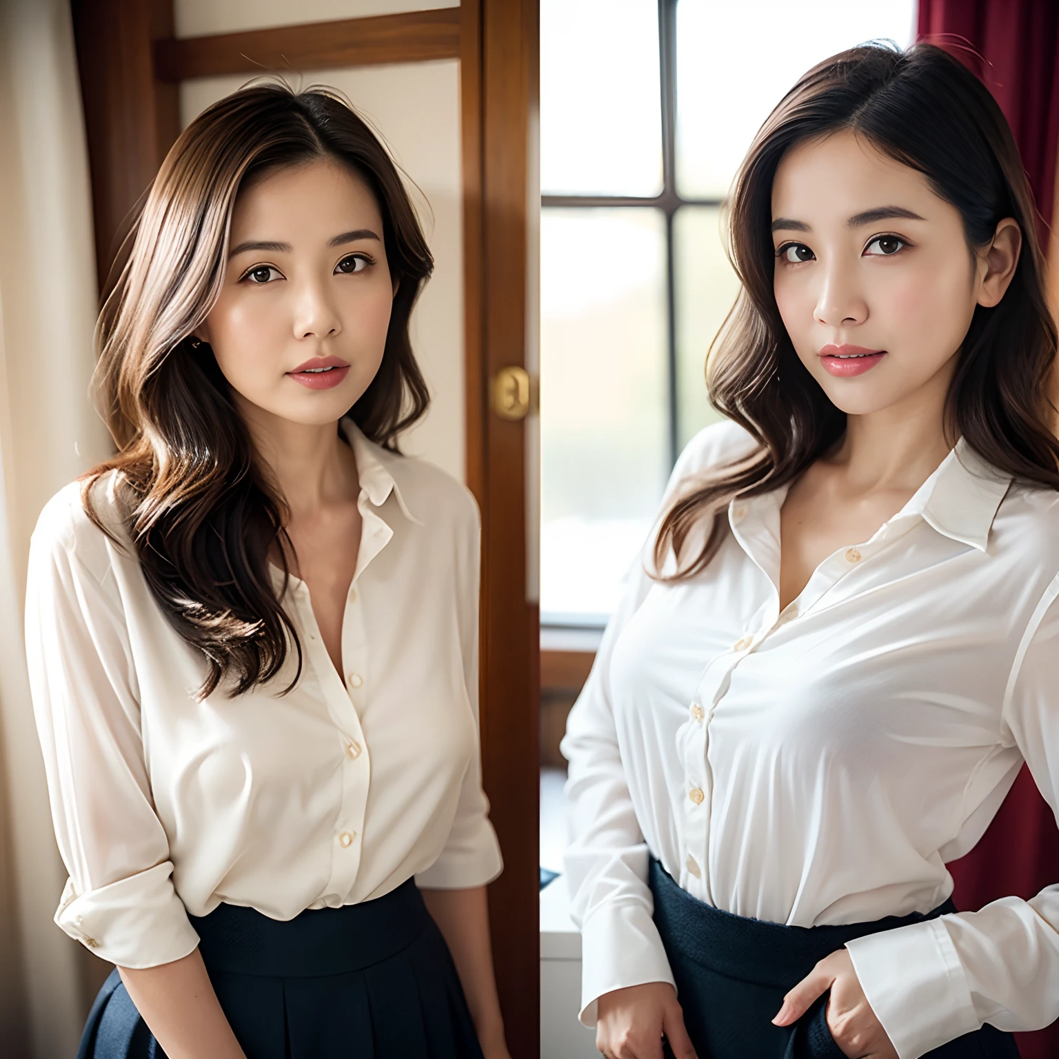 onoff,Two angles:1.5、2 screens:1.5, 2 photos、Separate screens:1.5, Same 1 person、 surrealistic,  ((​masterpiece:1.4、top-quality))、(photographrealistic:1.4)、profetional lighting、physically-based renderingt、Very cute、extremely detailed eye and face、Eyes in Beautiful Details、(Beautiful japanese woman:1.05)、sface focus、nsfw:1.5, ((Best Quality, 8k, Masterpiece: 1.3)), Photorealistic, Sharp Focus, High Quality, High Definition, Portrait, Solo, Japan, Beautiful MILF, Middle Aged Woman, Beauty, naked:1.5, 35 years old, Plump, Wavy Hair, neat and clean clothes, white Shirt, Long flare skirt, Mature woman's nipple, Wrinkles, Slightly saggy boobs:1.2,Full body ,Beautiful girl panties, Same skirt:1.5、Same panties:1.5、Same person:1.5、Cowboy Shot,