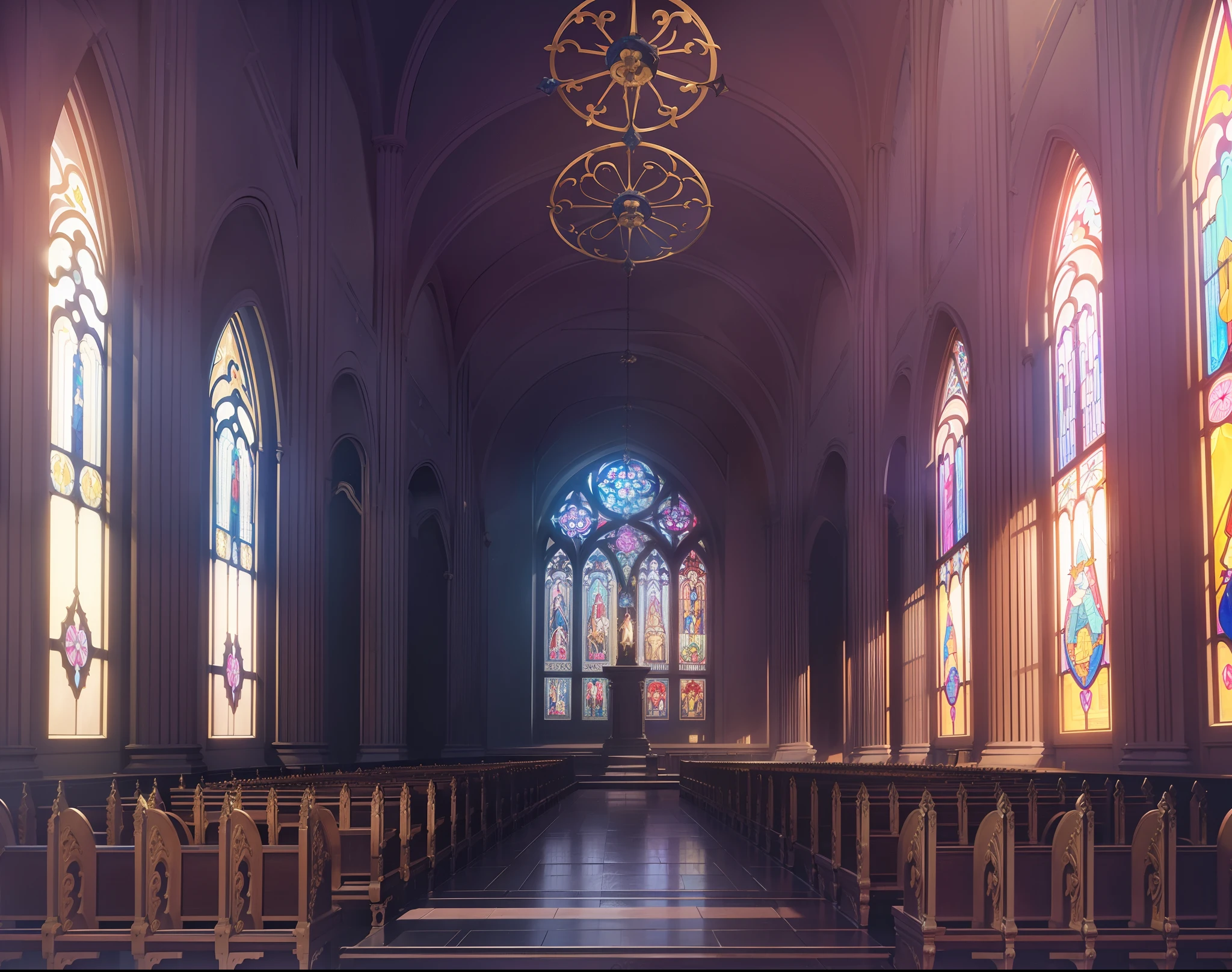 1scene, high vaulted ceilings with ornate carvings. Towering stained glass windows casting colorful patterns onto stone floor. Shifting hues creating mesmerizing illumination dance. Rows of stone pews, center aisle leading to distant altar. Alcoves and side chapels with statues, shrines, enigmatic symbols. Breathtaking architecture, surreal ambiance. (masterpiece:1.2), (best quality:1.3).