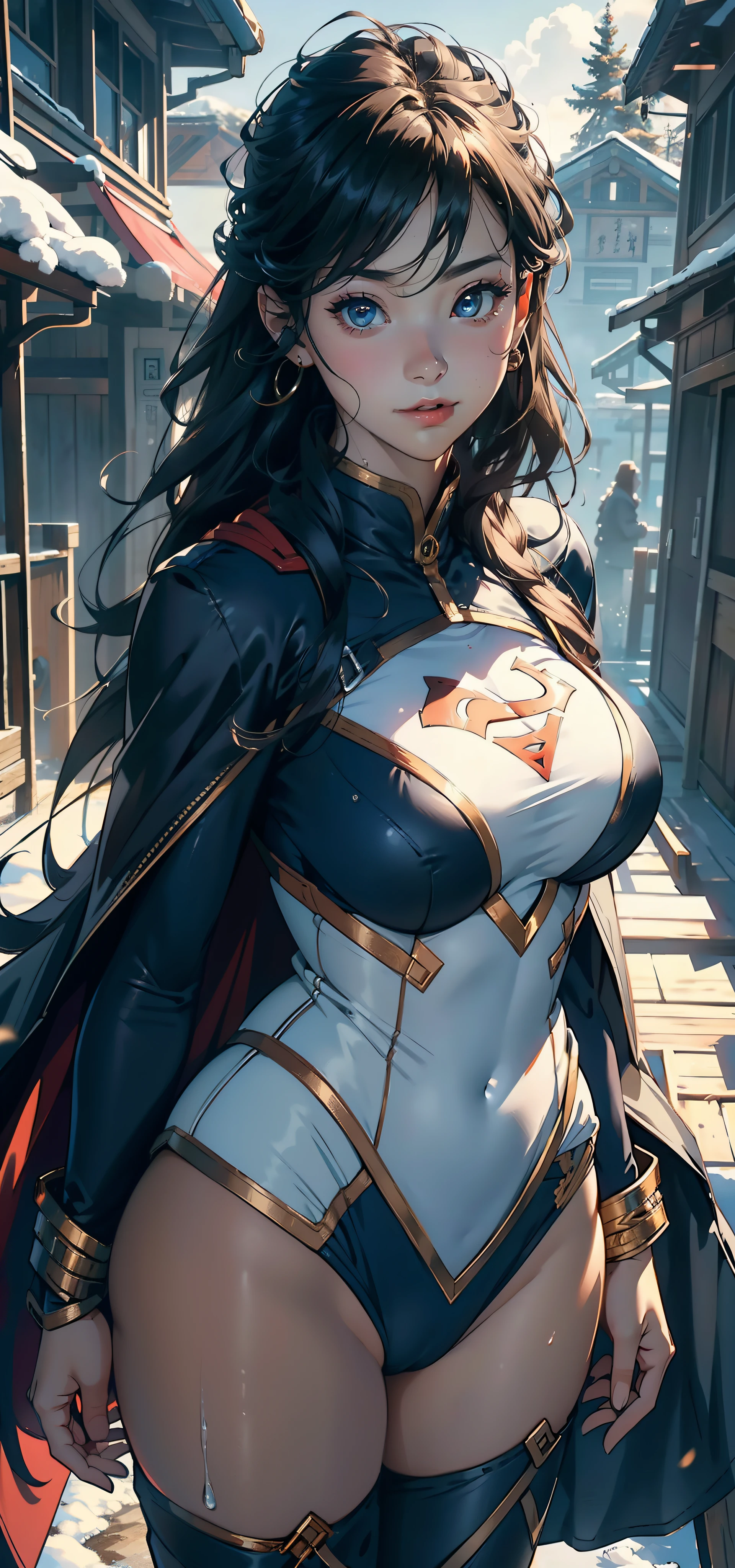1female,25 age old,Large breasts,Pornographic exposure, 独奏,(Background with:ports,coniferous forest,at winter season,Snow on the ground) with his long black hair, 比基尼,standing on your feet,Sweat profusely,drenched all over the body,seen from the front, curlies, mostly cloudy sky,(((tmasterpiece),(Very detailed CG unity 8K wallpaper),best qualtiy,cinmatic lighting,detailed back ground,beatiful detailed eyes,Bright pupils,(Very fine and beautiful),(Beautiful and detailed eye description),ultra - detailed,tmasterpiece,)),facing at camera,A high resolution,ultra - detailed),revealing breasts,Bare genitalia, Bulge,Camel toes,Raised sexy,Flushed complexion,Open-mouthed,frontage,Supergirl,Superman uniform,down jacket,Fur collar