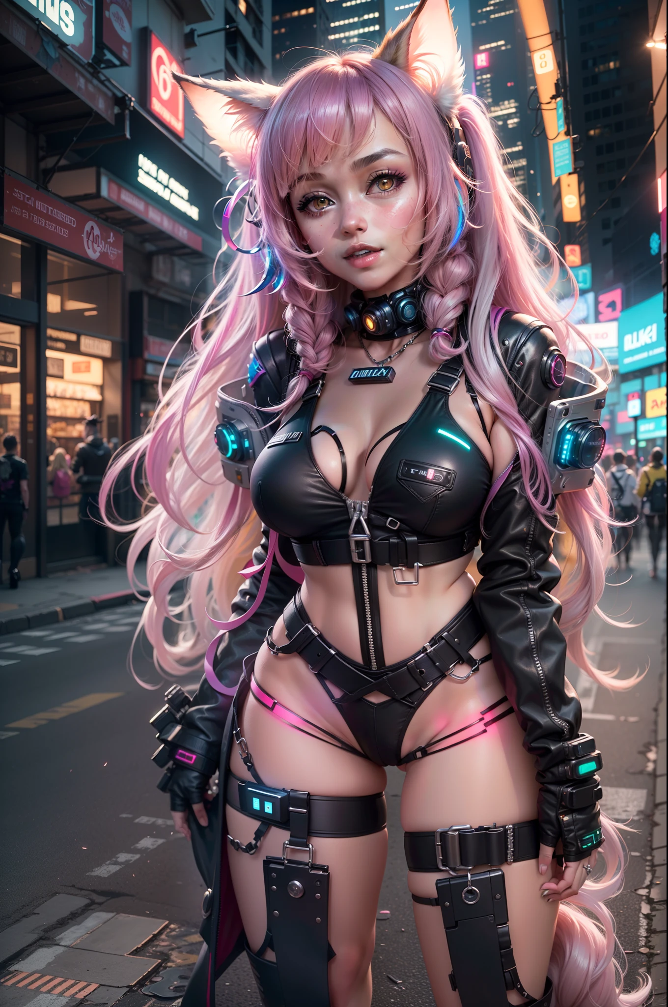 (RAW photo, best quality, masterpiece:1.2), (realistic, photo-realistic:1.4),(masterpiece:1.4),(best quality:1.4), ((sexy cyberpunk catgirl)), big breasts, :d, (bangs), blush, ((colorful body harness)), ((dynamic pose)), cowboy shot, (((cyberpunk city streets background))), hair intakes, ((shapeless long hair)), glowing neon accents, looking at viewer, sidelocks, smile, (((thigh gap))), thighs, twintails, very long hair, multicolor hair, alice \(nikke\),(shiny skin),realistic.