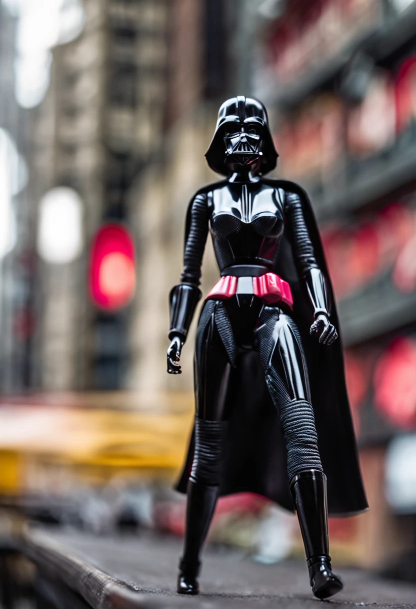 A Barbie figure, wearing (Darth Vader) suit,  sith, (barbie), gorgeous body, hourglass body, toy, action figure, Photo, plastic