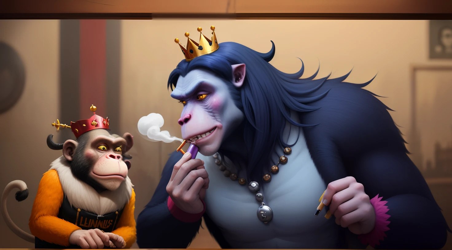 a cartoon monkey wearing a crown and smoking a cigarette, rat with crown, rat king, royal attire akira, by derek zabrocki, inspired by Alex Petruk APe, bored ape nft, rasputin as grubhub character, god save the queen!!!, monkey, by Alex Petruk APe, by Jeka Kemp, extremely high quality artwork, very good image positive_v1.3, ng_deep positive_v1_75t, (beautifull face:0.8),cross-eyed,sketches, (beast quality:2), (high quality:2), (good quality:2), ((monochrome)), ((gray scale)), skin spots, acnes, good anatomy, Deep Positive, facing away, tilted head, good anatomy, giood hands, 8kk quality, good feet, cropped, best quality, high quality, best quality, jpeg artifacts, fewer digits, long neck, cross-eyed, polar lowres, good body, good proportions, gross proportions, ((repeating hair)).