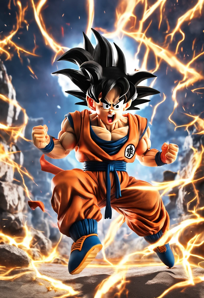 Son goku action figure, attack pose, plastic, toy, Photo, on a table