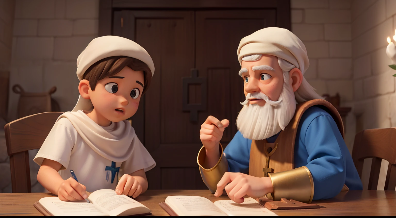 menino de 05 anos (mesmo da imagem anterior), casa antiga, biblical story (Samuel as a child). Now he's talking to a white-bearded elder, and the elder is giving directions to him