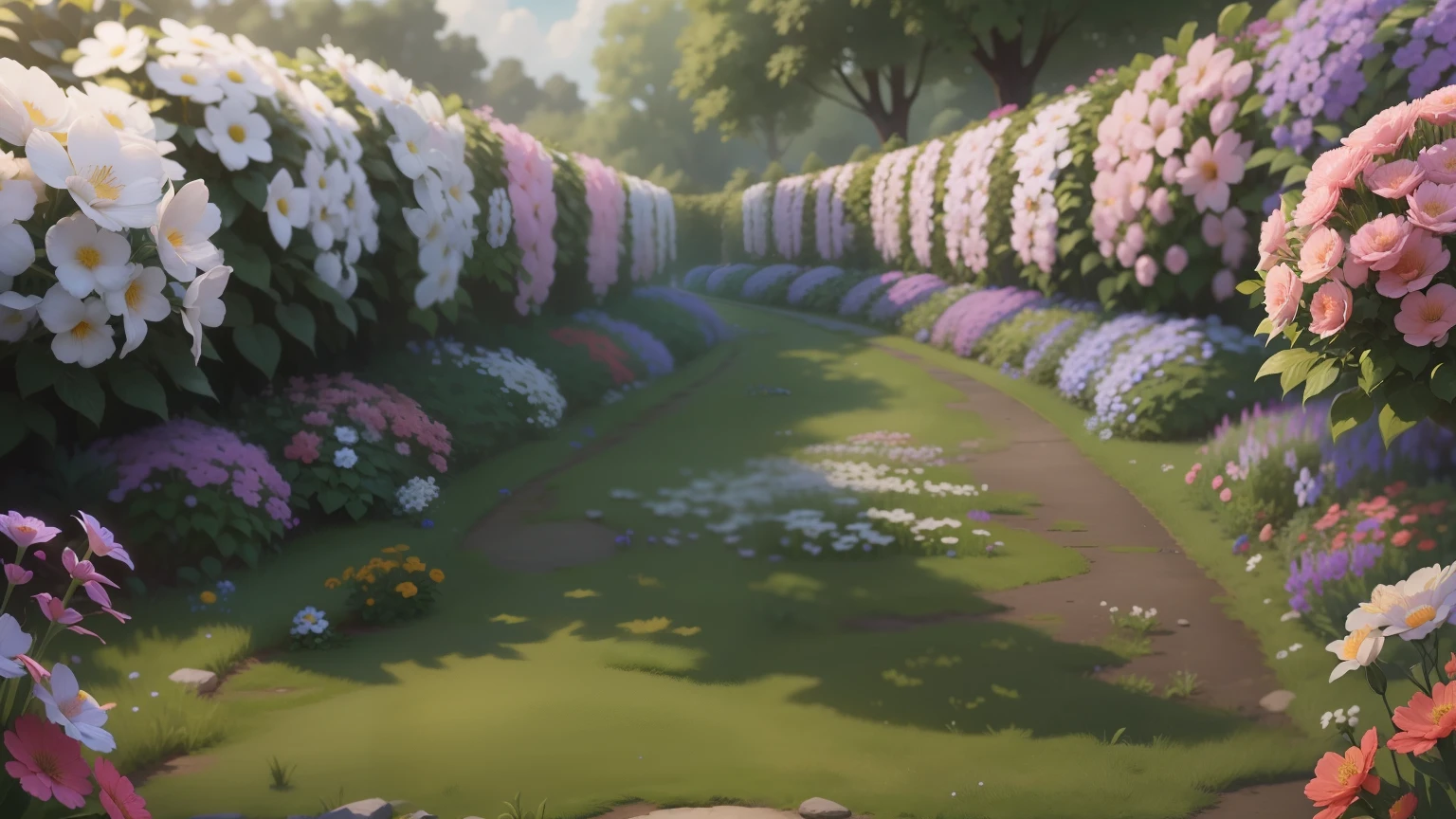A garden view, many beautiful flowers, plenty flowers in surrounding, flowers of various sizes and kinds