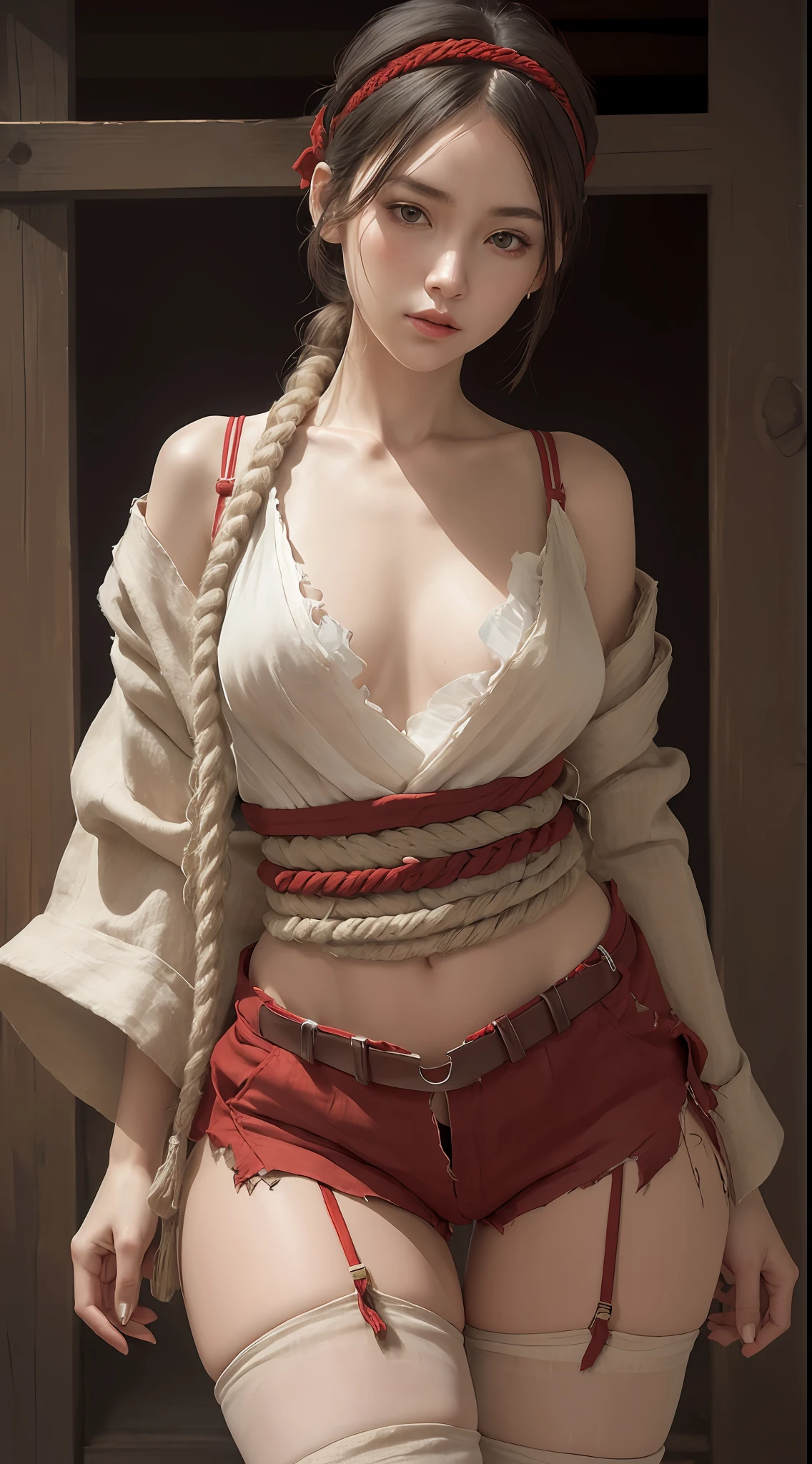 photorealistic, dynamic pose, portrait, high details, 1girl, delicate face, pale skin, skinny body, (headband):1.2, (long hair):1.2, ((modern kimono, huge rope belt, (torn red linen short shorts with open sides), (linen thigh highs)):1.2), panty visible, (small waist):1.3, ((wide thigh gap):1.3, (wide thighs):1.2), masterpiece