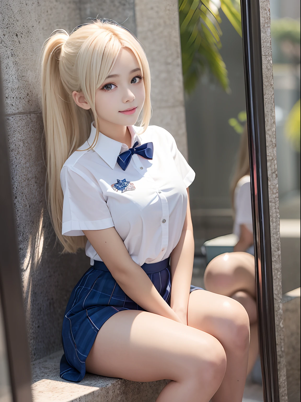 Realistic, Photorealistic: 1.37, Masterpiece, Colorful, Fine Indidel, Big, Beautiful Skin, Fair Skin, One Woman, (20 Years Old Beautiful Korean Woman: 1.1), (KPOP Idol, Mixed), (Caucasian and Mixed), Western Face, Ultra High Definition, (8k, RAW Photo, Best Quality, Masterpiece: 1.2), Rich Bust, (Nipples)), Attractive Eyes, (50mm Sigma f/) 1.4 Zeiss lens, F1.2, 1/800s, ISO 100, Photo: 1.1), (Ponytail + Blonde: 1.2), (Realistic: 1.4), Bokeh, Sharp, (Photorealistic), Live Action Photography, Solo, Top Quality, Very Beautiful Face, Very Beautiful Eyes, Beautiful Detailed Eyes, Floating Hair, (School Uniform), Sheer Light Shirt Blouse, Very short miniskirt, pleated skirt, white panties, thin, super beautiful legs, tall, beautiful legs, ((thigh gap)), (model: 1.2), smile from the front: 1.1, dynamic pose, open legs, (makeup: 1.2), sitting