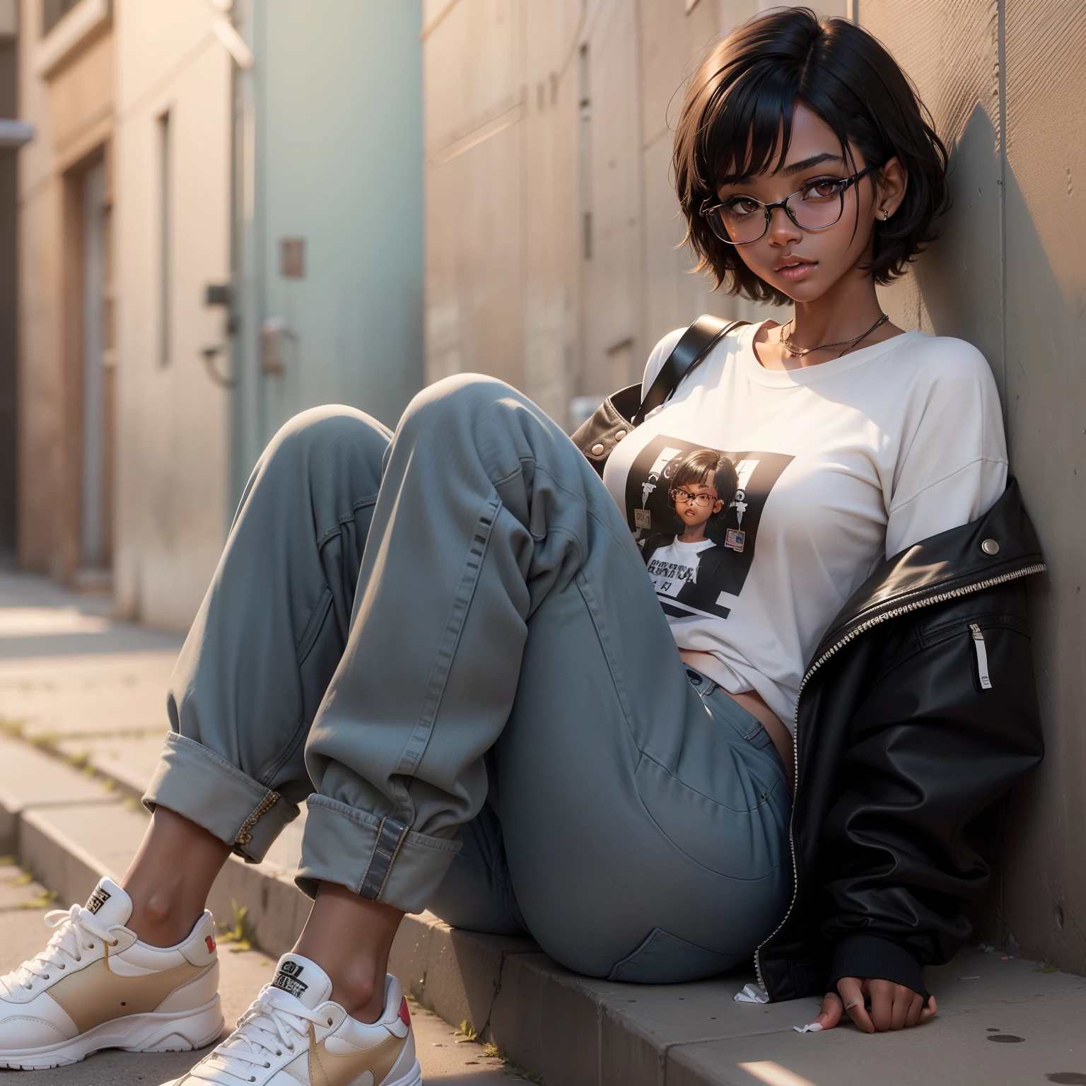 1girl, beautiful girl, wearing eyeglasses, brown skin, small mole on her right cheek, half body, Body Length 150 cm, 20 years old, brown skin girl, .(short black hair, Street hairstyle) , (black eyes), realistic eyes, beautiful and big eyes), streetwear clothes, Wearing sneakers, Small breasts, (8k wallpaper), (street wallpaper) 8k, high quilty, realistic, beautiful realistic, Cool details, raw photo, realistic clothing, short hair, black hair, realistic hair, Light and cool lighting, photo realistic, Cel shaded, Gel lighting, ultra details