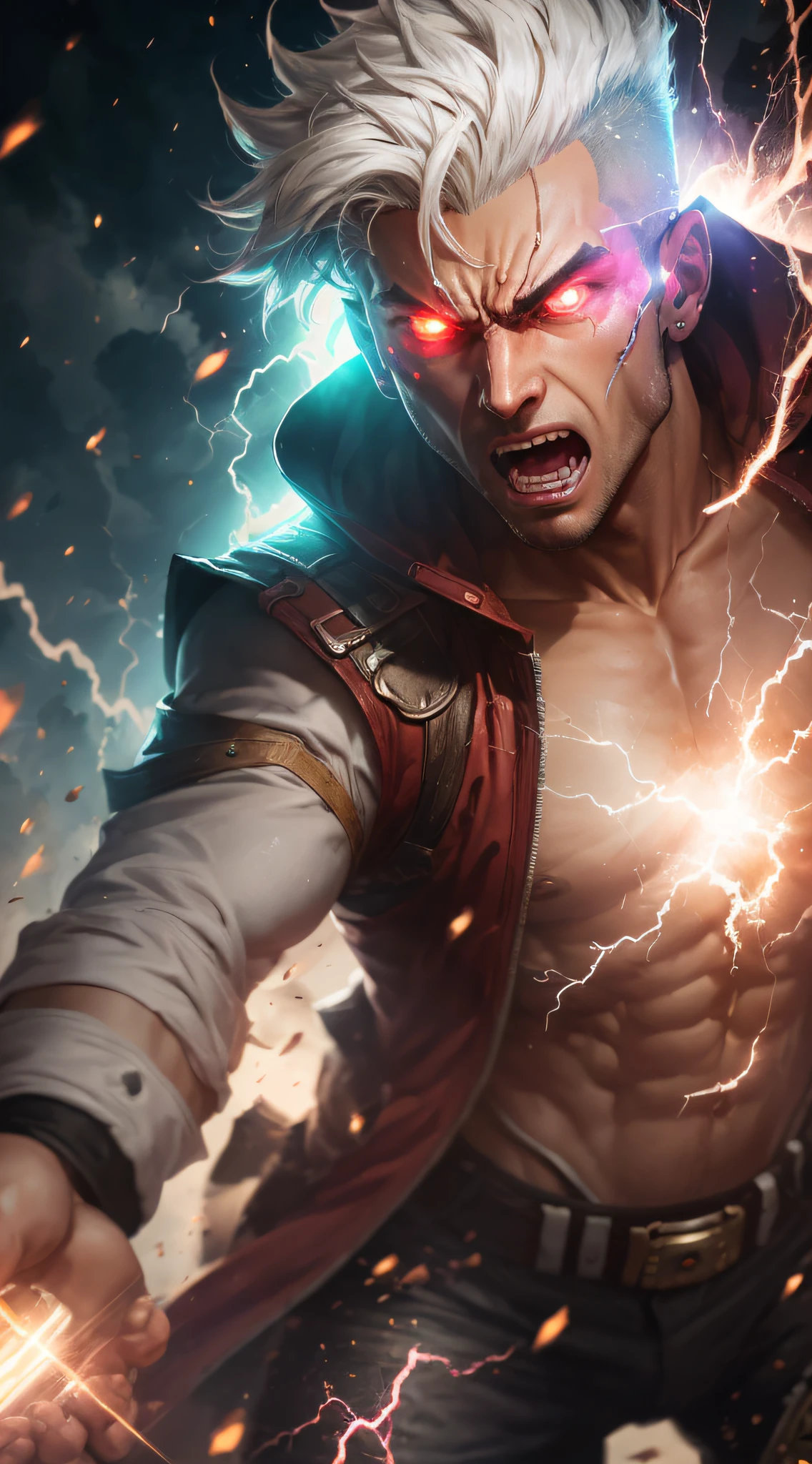 (award winning 64k concept art: 1.2),(masterpiece: 1.2), (best quality: 1.3),
1man, full body, muscular, open jacket, mohawk hair, detailed white hair, (red eyes), (eyes emitting red light), (eyes emitting red light beam), angry expression, open mouth, showing teeth, clenched fist. Character emitting lightning from the body, character emitting a lot of energy, character emitting an extremely radiant aura, skin with several cracks, skin emitting light from the cracks,
Incredible, Highly Detailed, Beautiful, Finely Detailed, Warm Smooth Gradation, (Depth of Field: 1.4), Extremely Detailed 64k, Fine Art, Stunning, Iridescent, Absurd, Stunning, 120mm, Bright, Extremely Sharp, Lens Flare ,