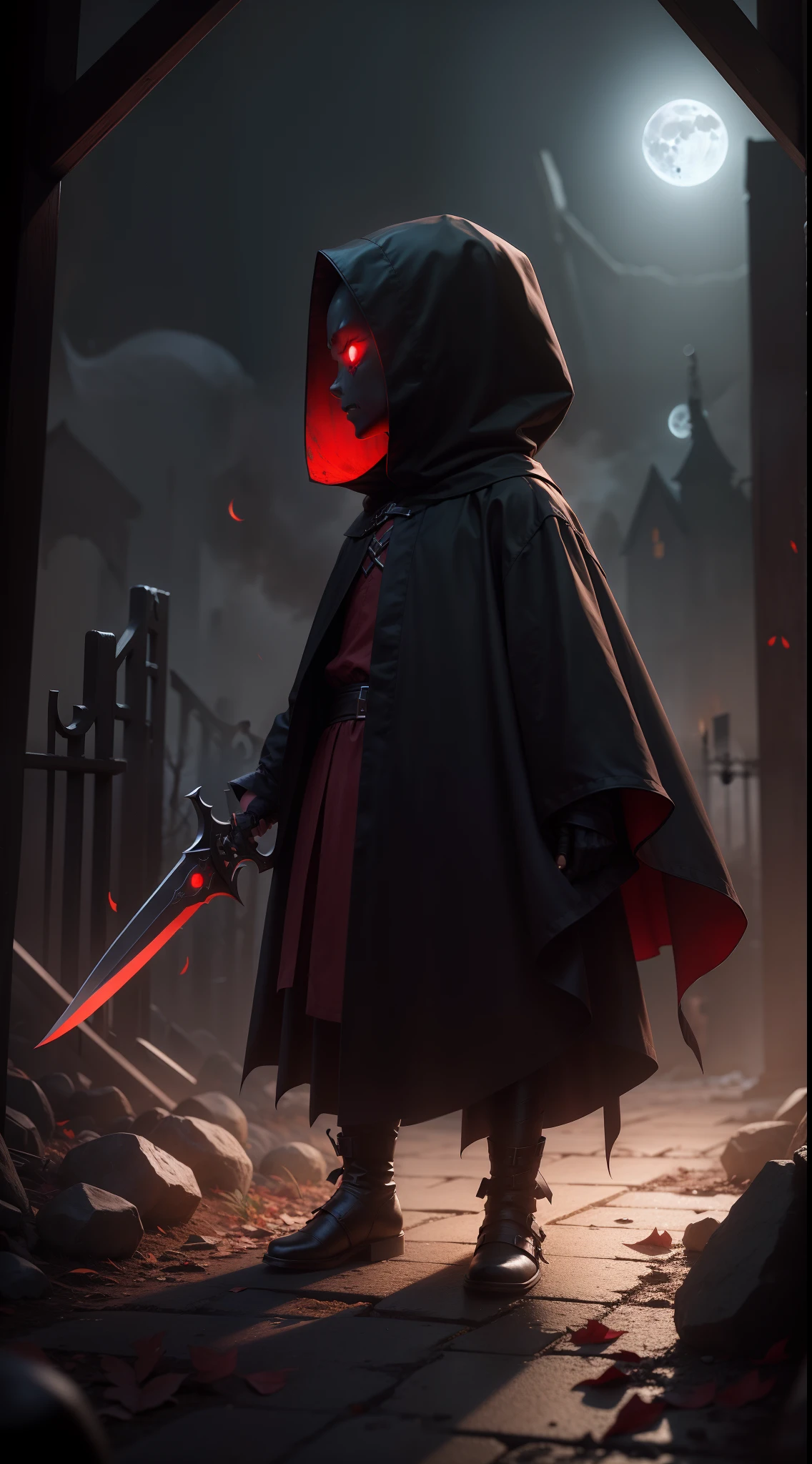 a demonic faceless small_humanoid, with two bladed weapons, scary, horror, night, dark, fall weather, full moon, glowing red eyes, evil, 1600s