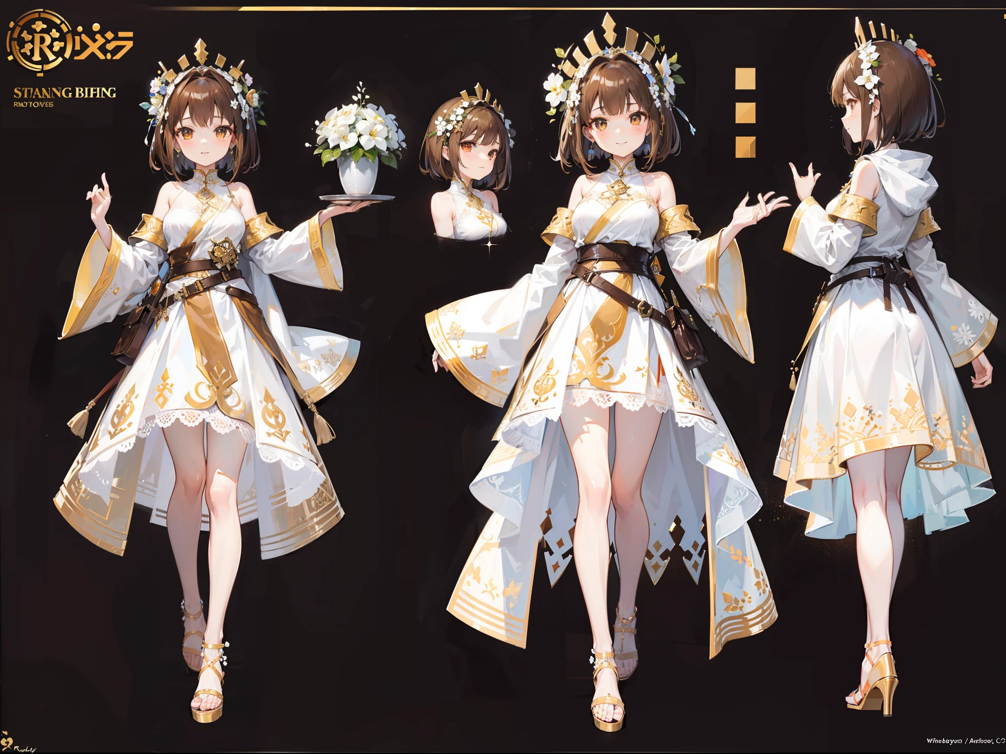 Beautiful girl with brown hair,Wear a white and brown hooded tunic,Bare legged,Brown high heels,Wear a circle of flowers and plants on your head,short detailed hair,Wear a white hairpin,With a bright and healing smile,Wave to the camera,Brown high-heeled sandals,Ruddy complexion,epic exquisite character art, Amazing characters,,character design sheet,(reference sheet:1.5)