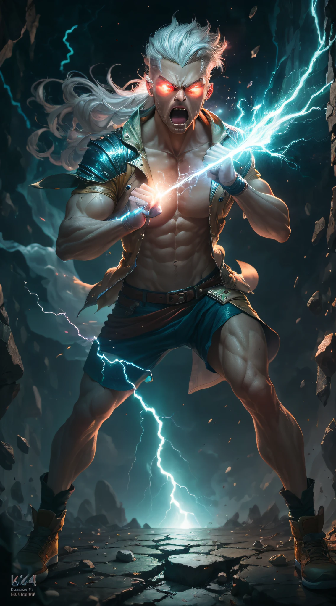 (award winning 64k concept art: 1.2),(masterpiece: 1.2), (best quality: 1.3),
1man, full body, muscular, open jacket, mohawk hair, detailed white hair, (red eyes), (eyes emitting red light), (eyes emitting red light beam), angry expression, open mouth, showing teeth, clenched fist. Character emitting lightning from the body, character emitting a lot of energy, character emitting an extremely radiant aura, skin with several cracks, skin emitting light from the cracks,
Incredible, Highly Detailed, Beautiful, Finely Detailed, Warm Smooth Gradation, (Depth of Field: 1.4), Extremely Detailed 64k, Fine Art, Stunning, Iridescent, Absurd, Stunning, 120mm, Bright, Extremely Sharp, Lens Flare ,