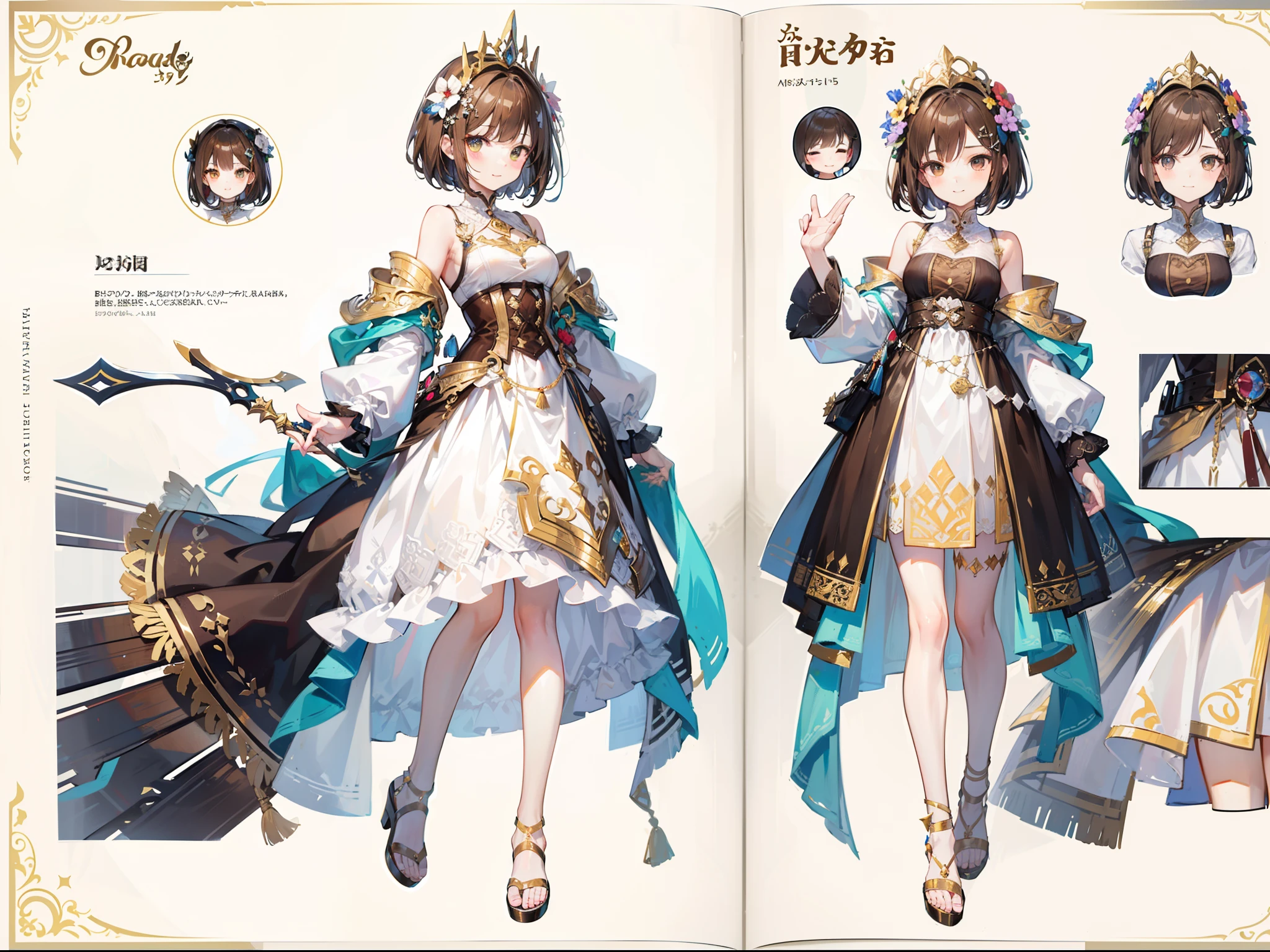 Beautiful girl with brown hair,Wear a white and brown hooded tunic,Bare legged,Brown high heels,Wear a circle of flowers and plants on your head,short detailed hair,Wear a white hairpin,With a bright and healing smile,Wave to the camera,Brown high-heeled sandals,Ruddy complexion,epic exquisite character art, Amazing characters,,character design sheet,(reference sheet:1.5)