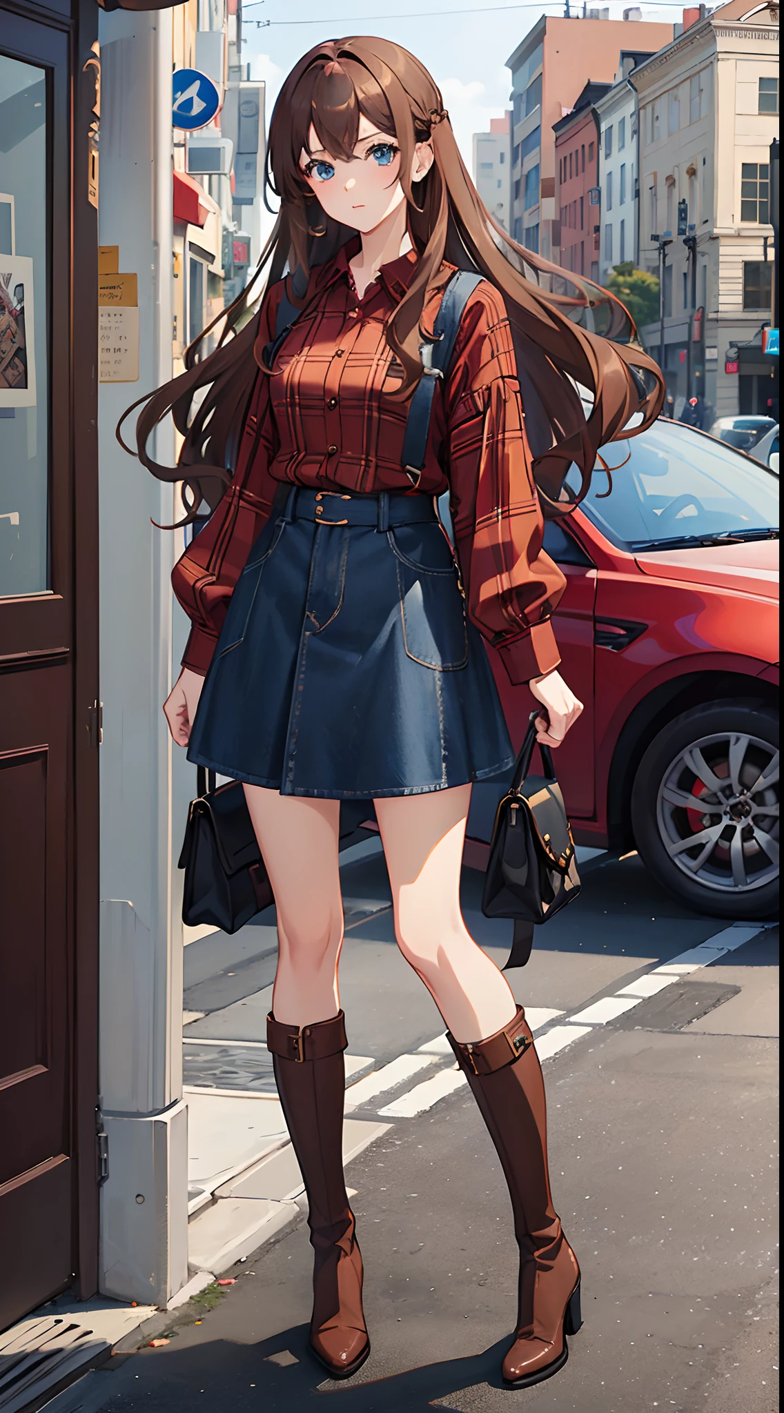 Anime girl in a skirt and boots standing on a street corner - SeaArt AI