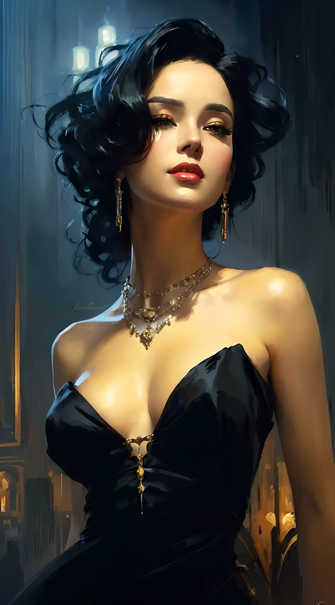 a painting of a woman in a black dress with a necklace, style of raymond swanland, james gurney painting style, otto schmidt, elegant digital painting, ( ( konstantin razumov ) ), sultry digital painting, beautiful character painting, by Roberto Ferri, style of stanley artgerm, martin ansin artwork portrait, by Charles Roka