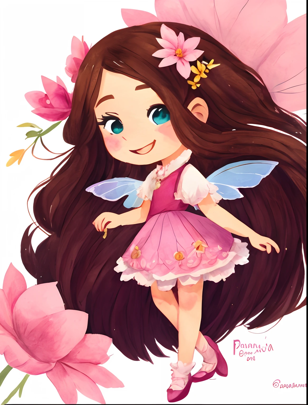 Menina fada dos desenhos animados cartoon com cabelo castanho longo e vestido rosa com branco, Andar ereto de corpo inteiro, full-body drawing showing feet, usando sapatilha rosa delicada,  multiples poses and expressions, com pequeno, Symmetrical fairy wings, fada bonita, sorrindo como uma rainha de fadas, mulher fada morena, Retrato da princesa da fada, Retrato de uma fada, princesa fada, bela arte digital, Retrato da fada, space flower fairy, painting digital adorable, arte digital detalhada bonito, fada bonita, Driving style: Marie Angel estilo desenho animado aquarelado, arte estilo aquarela 2D com fundo branco simples