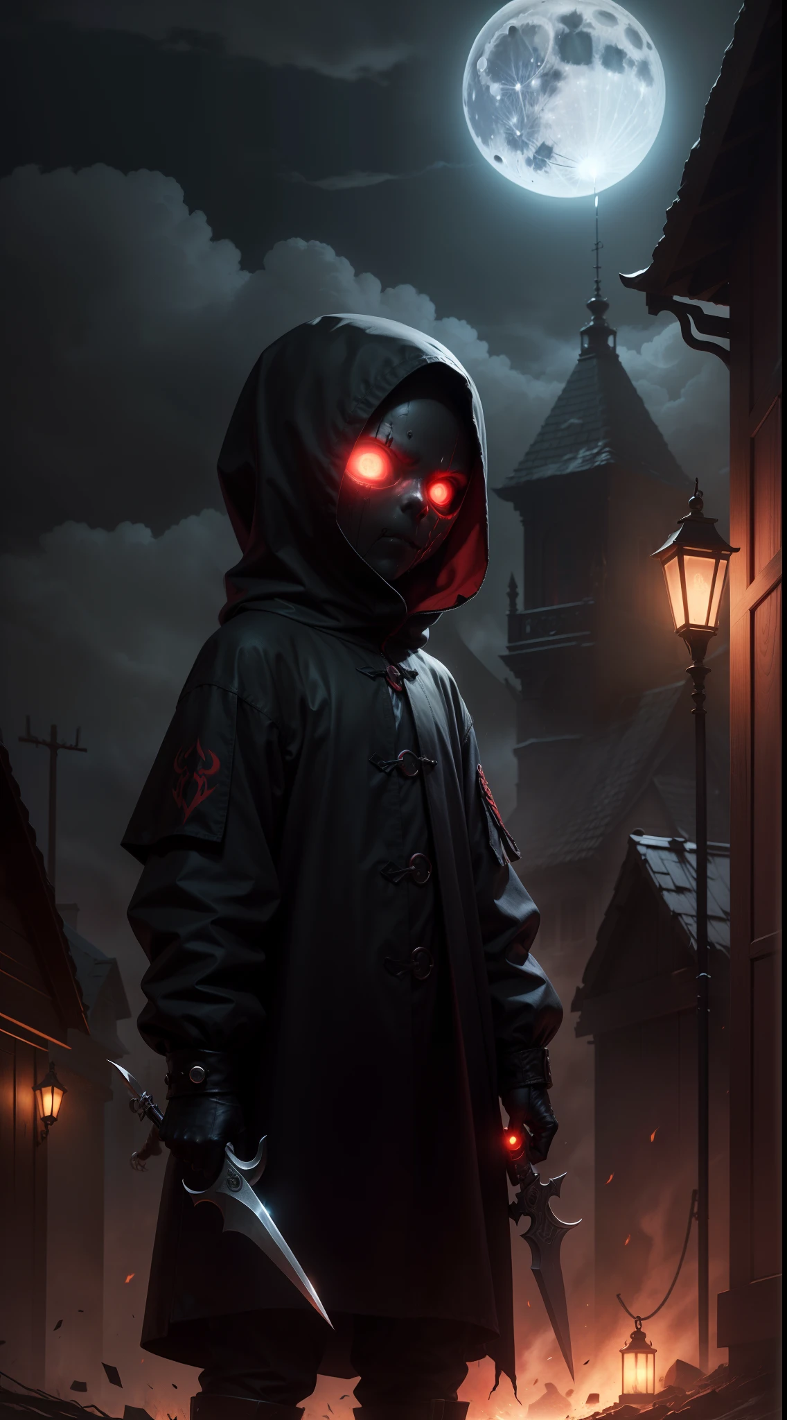 a demonic faceless small_humanoid, with two bladed weapons, scary, horror, night, dark, fall weather, full moon, glowing red eyes, evil, 1600s