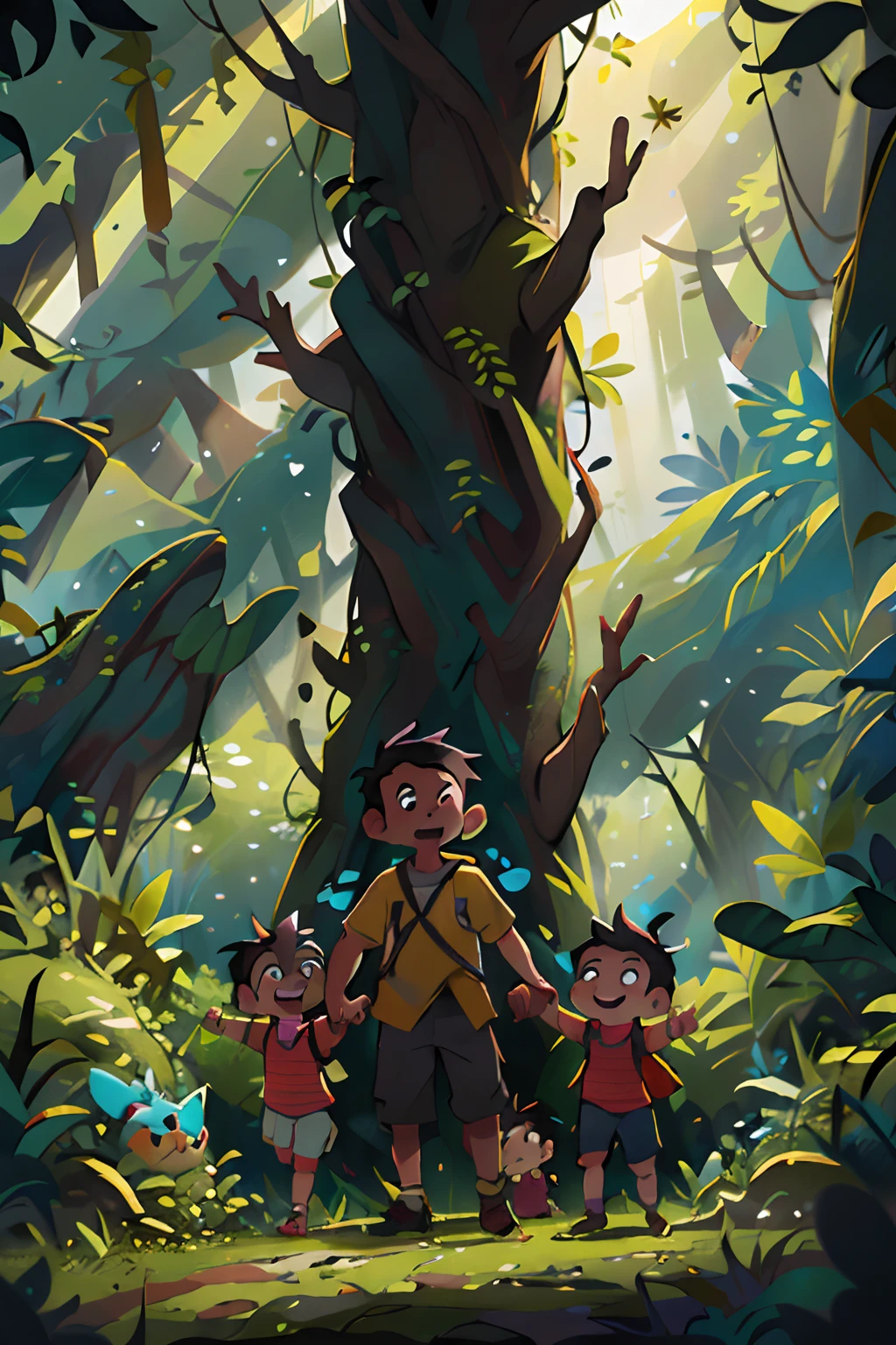 4 children,( 3 s e 1 meninoblack child ) , (7 anos ) em uma floresta, Aventuras Infantis, Indiana Jones, corajosos, Aventuras, floresta,
