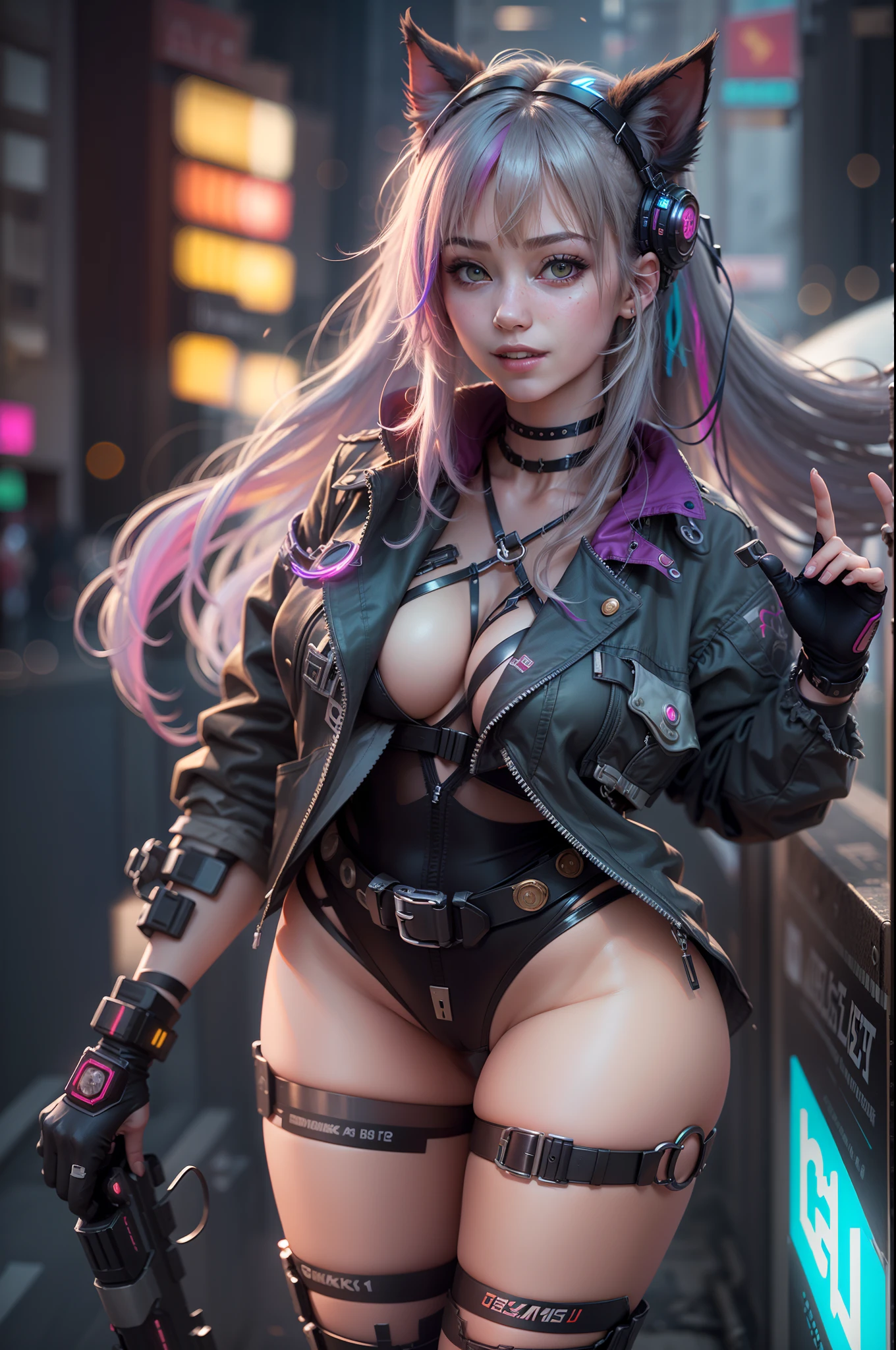 (RAW photo, best quality, masterpiece:1.2), (realistic, photo-realistic:1.4),(masterpiece:1.4),(best quality:1.4), ((sexy cyberpunk catgirl)), big breasts, :d, (bangs), blush, ((colorful body harness)), ((dynamic pose)), cowboy shot, (((cyberpunk city streets background))), hair intakes, ((shapeless long hair)), glowing neon accents, looking at viewer, sidelocks, smile, (((thigh gap))), thighs, twintails, very long hair, multicolor hair, alice \(nikke\),(shiny skin),realistic.