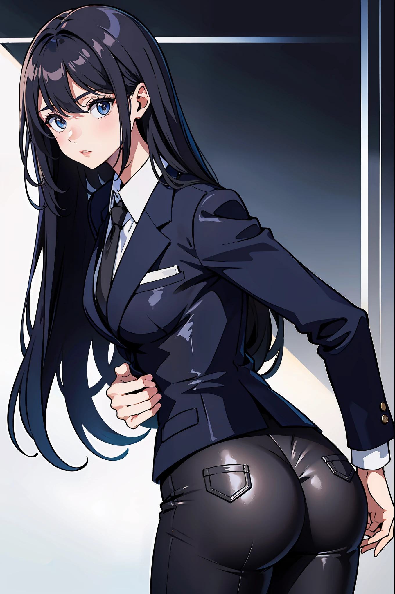 One cocked her ass,Beautiful woman in men's suit,cabelos preto e longos,skinny pants。