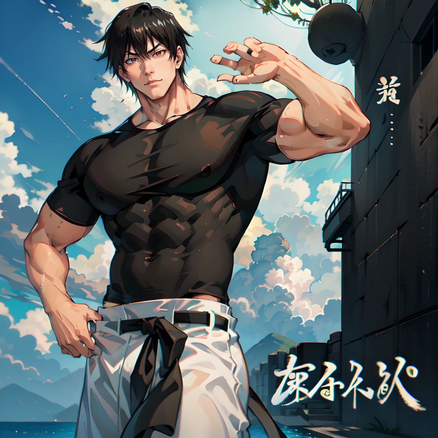 "pt:
"Fushiguro Toji, A muscular man wearing a black short-sleeved T-shirt and tight pants, em uma pose impressionante e poderosa, highlighting his imposing physique and determined expression."