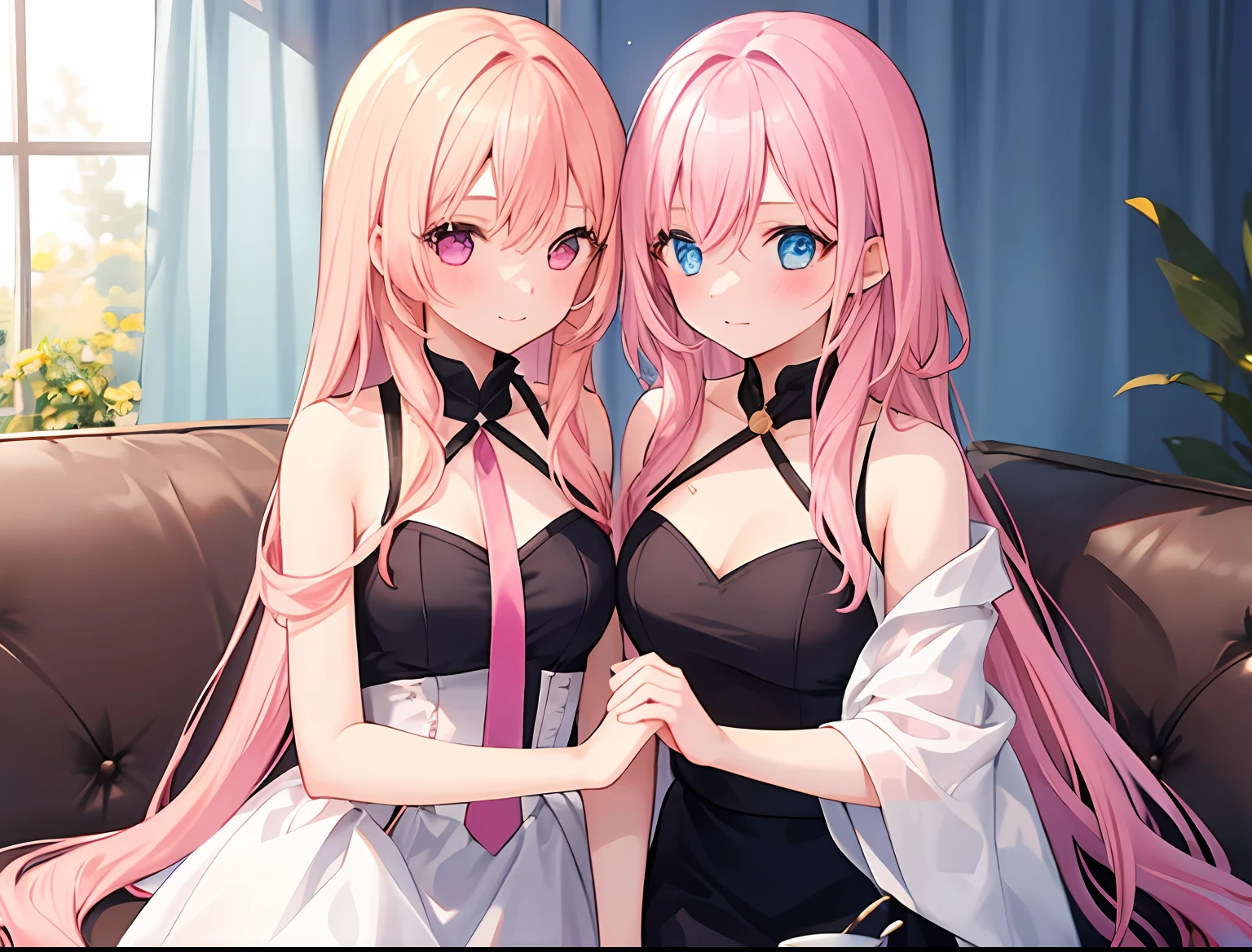 25 year old couple,Royal sister,White shirt, Black trousers,Lace,V-neck dress,Be red in the face,Pink lips,white backgrounid,8K masterpiece