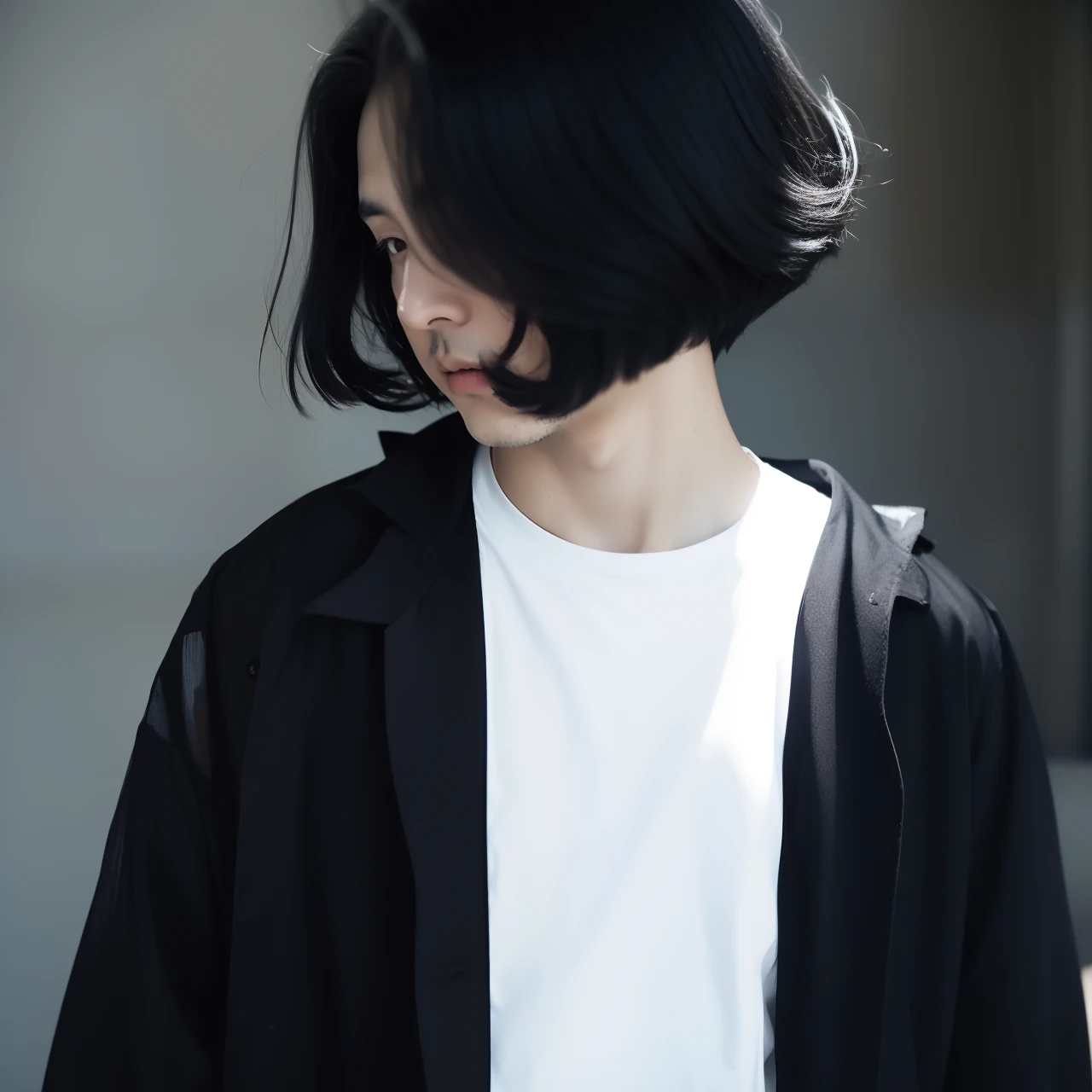 arafed asian man with black hair and a white shirt, Male ulzzang, boy has short black hair, sui ishida with black hair, Male style, Shoulder-length black hair, Disheveled black hair, handsome japanese demon boy