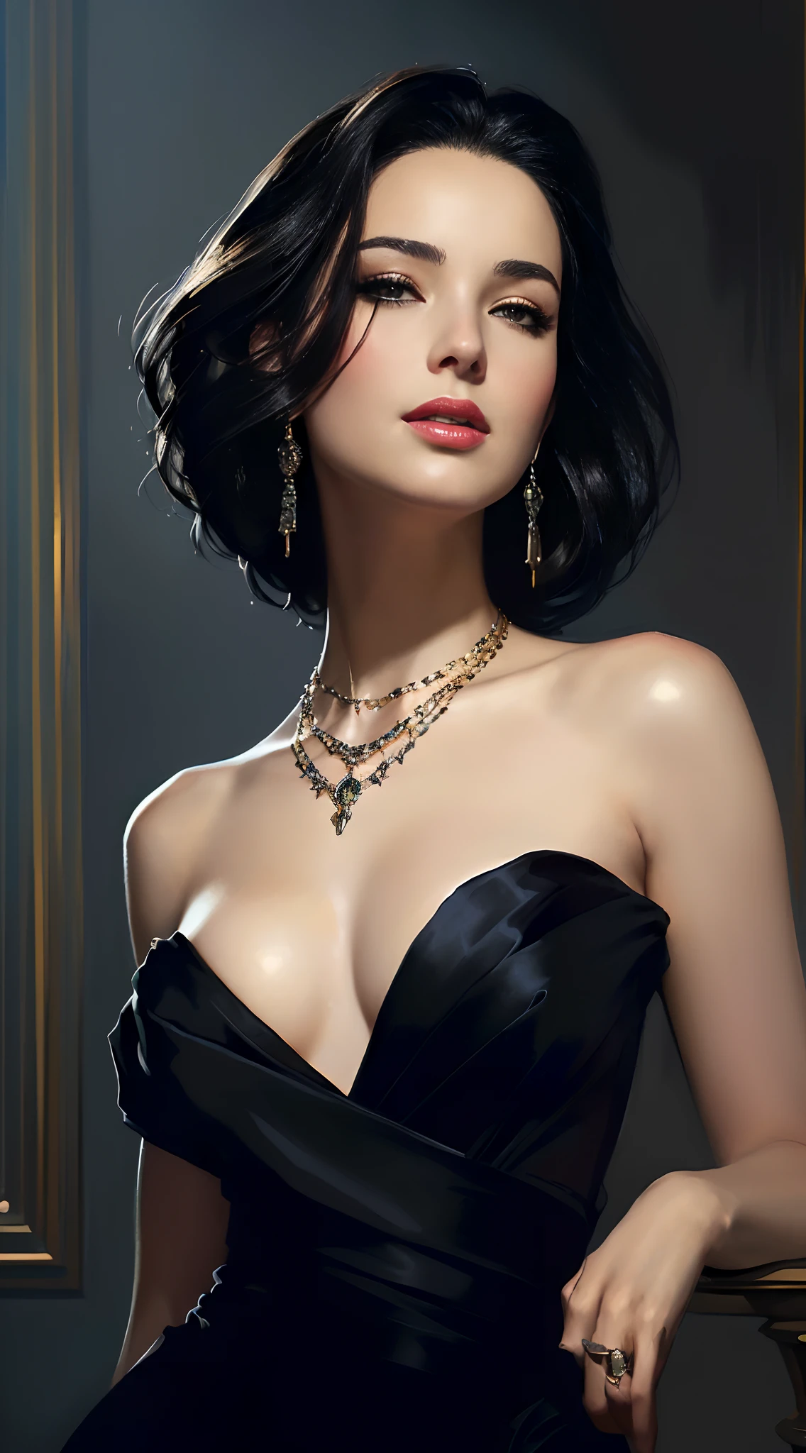a painting of a woman in a black dress with a necklace, style of raymond swanland, james gurney painting style, otto schmidt, elegant digital painting, ( ( konstantin razumov ) ), sultry digital painting, beautiful character painting, by Roberto Ferri, style of stanley artgerm, martin ansin artwork portrait, by Charles Roka