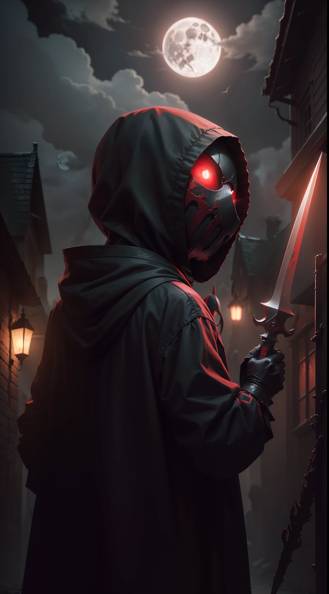 a demonic faceless small_humanoid, with two bladed weapons, scary, horror, night, dark, fall weather, full moon, glowing red eyes, evil, 1600s