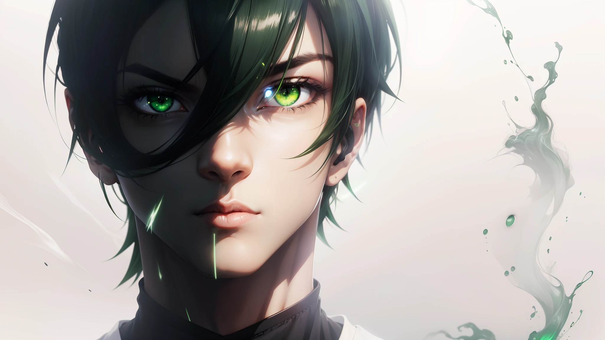anime com olhos verdes e uma camisa preta com um colarinho preto, with a serious look coming out sparks and a green aura around him, badass anime 8 k, cabelo esverdeado, e um fundo preto