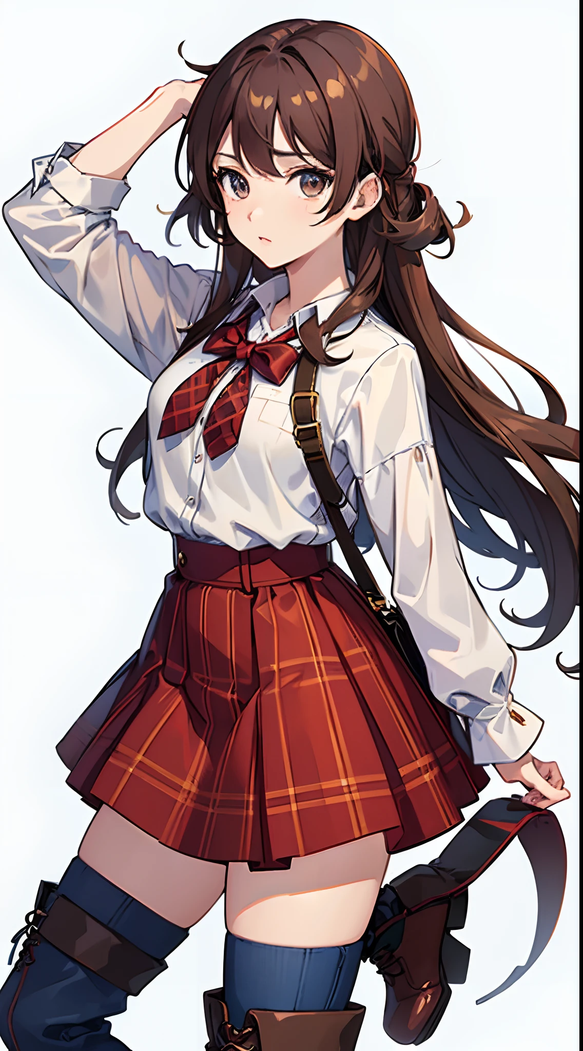 ((Masterpiece, best art, high quality, anime style)), portrait, 1girl, hazel eyes, brown hair, wavy hair, curly hair, red plaid long sleeveled shirt, blue denim skirt, kneehigh, brown high heeled boots, tomboy