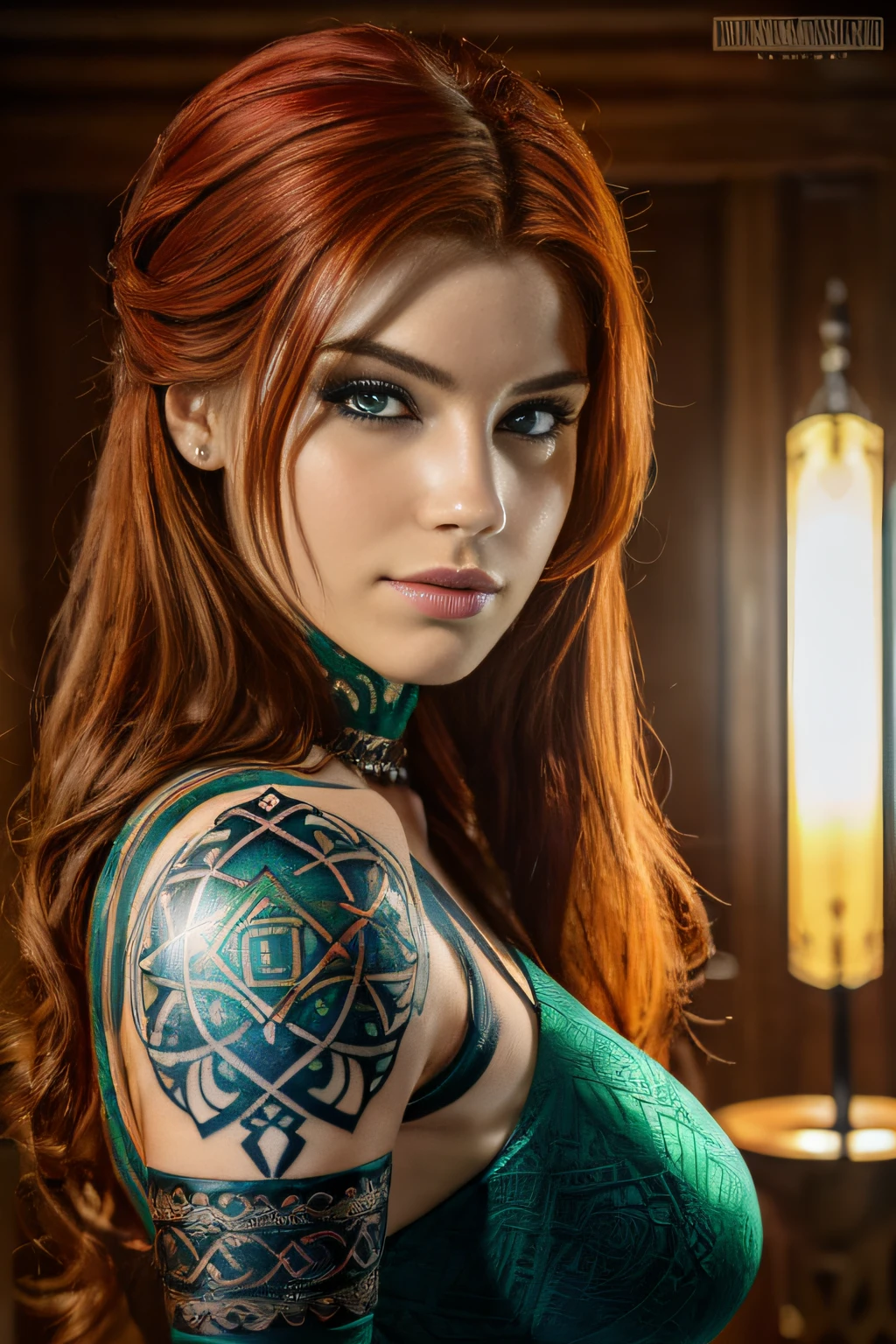 Jeune femme de 25 ans, visage fin, cheveux long, red hairs, yeux verts, tâches de rousseur sur tout le corps, HD, 8K, masterpiece, sourire romantique, sexy, metal lingery, celtic design chest armor, guerrière viking, celtic tattoo, at night, viking chest tattoo, aurore boreale, milky way, voile de soie transparente sur les seins