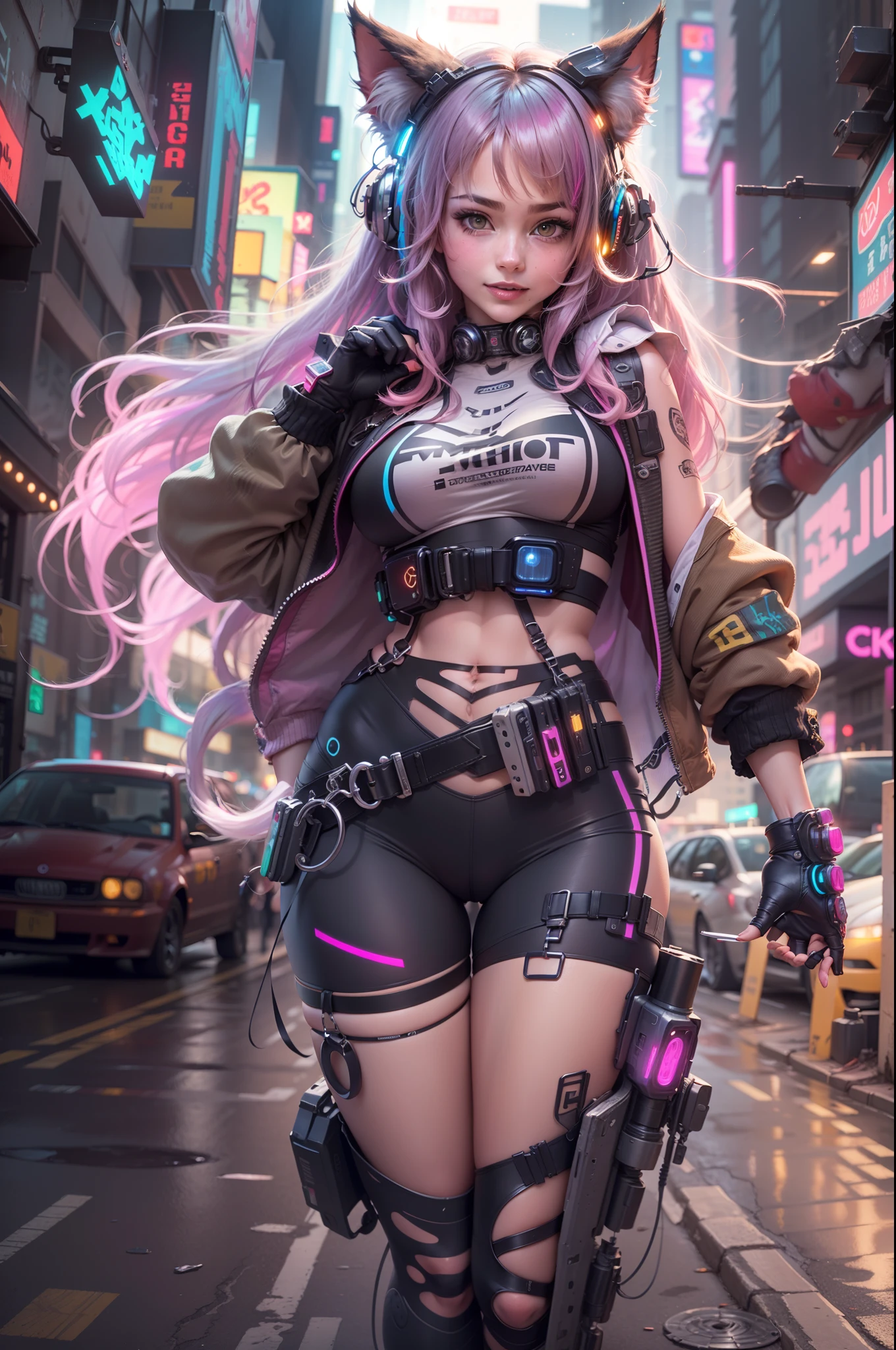 (RAW photo, best quality, masterpiece:1.2), (realistic, photo-realistic:1.4),(masterpiece:1.4),(best quality:1.4), ((sexy cyberpunk catgirl)), big breasts, :d, (bangs), blush, ((colorful body harness)), ((dynamic pose)), cowboy shot, (((cyberpunk city streets background))), hair intakes, ((shapeless long hair)), glowing neon accents, looking at viewer, sidelocks, smile, (((thigh gap))), thighs, twintails, very long hair, multicolor hair, alice \(nikke\),(shiny skin),realistic.