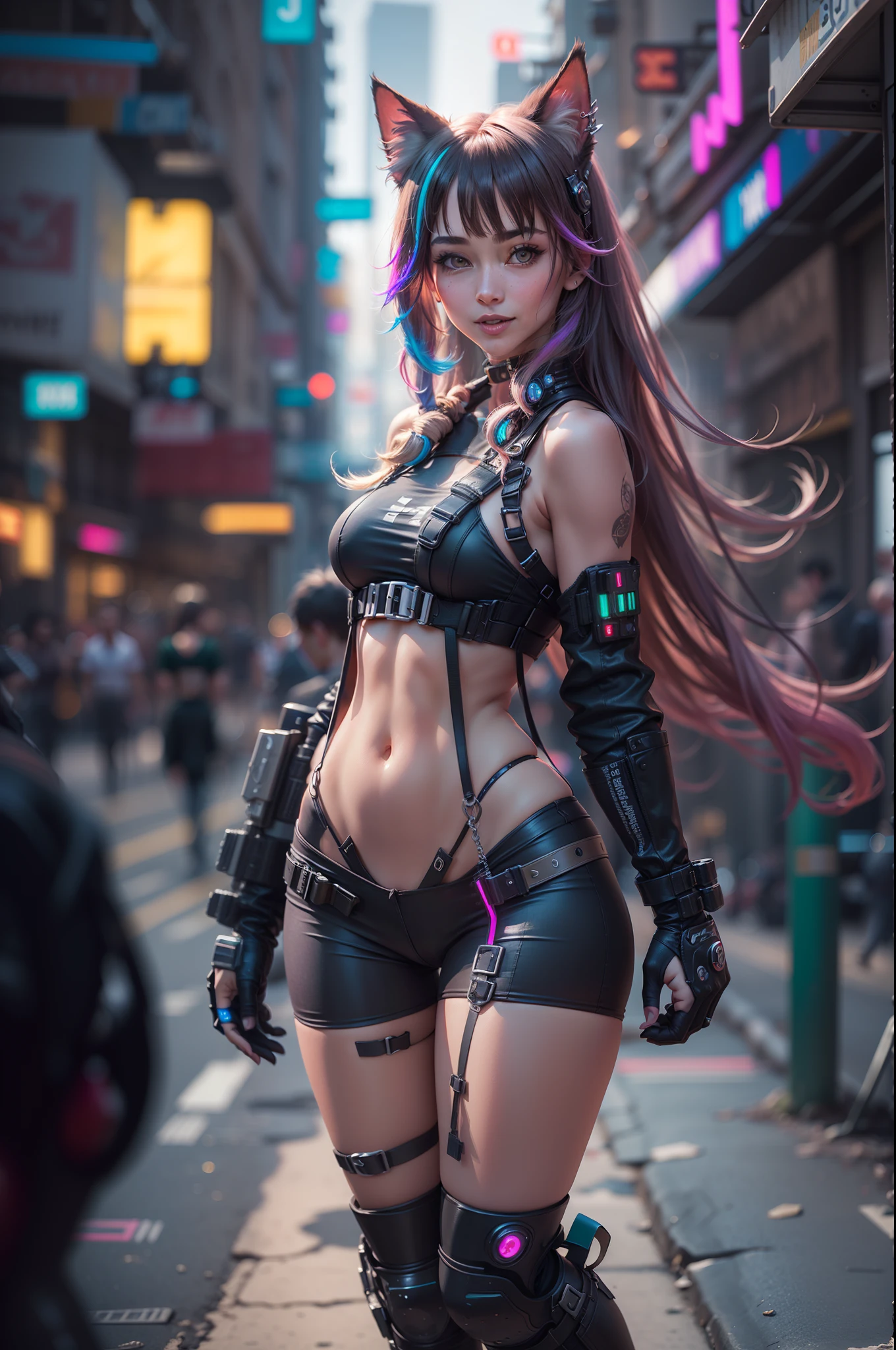 (RAW photo, best quality, masterpiece:1.2), (realistic, photo-realistic:1.4),(masterpiece:1.4),(best quality:1.4), ((sexy cyberpunk catgirl)), big breasts, :d, (bangs), blush, ((colorful body harness)), ((dynamic pose)), cowboy shot, (((cyberpunk city streets background))), hair intakes, ((shapeless long hair)), glowing neon accents, looking at viewer, sidelocks, smile, (((thigh gap))), thighs, twintails, very long hair, multicolor hair, alice \(nikke\),(shiny skin),realistic.