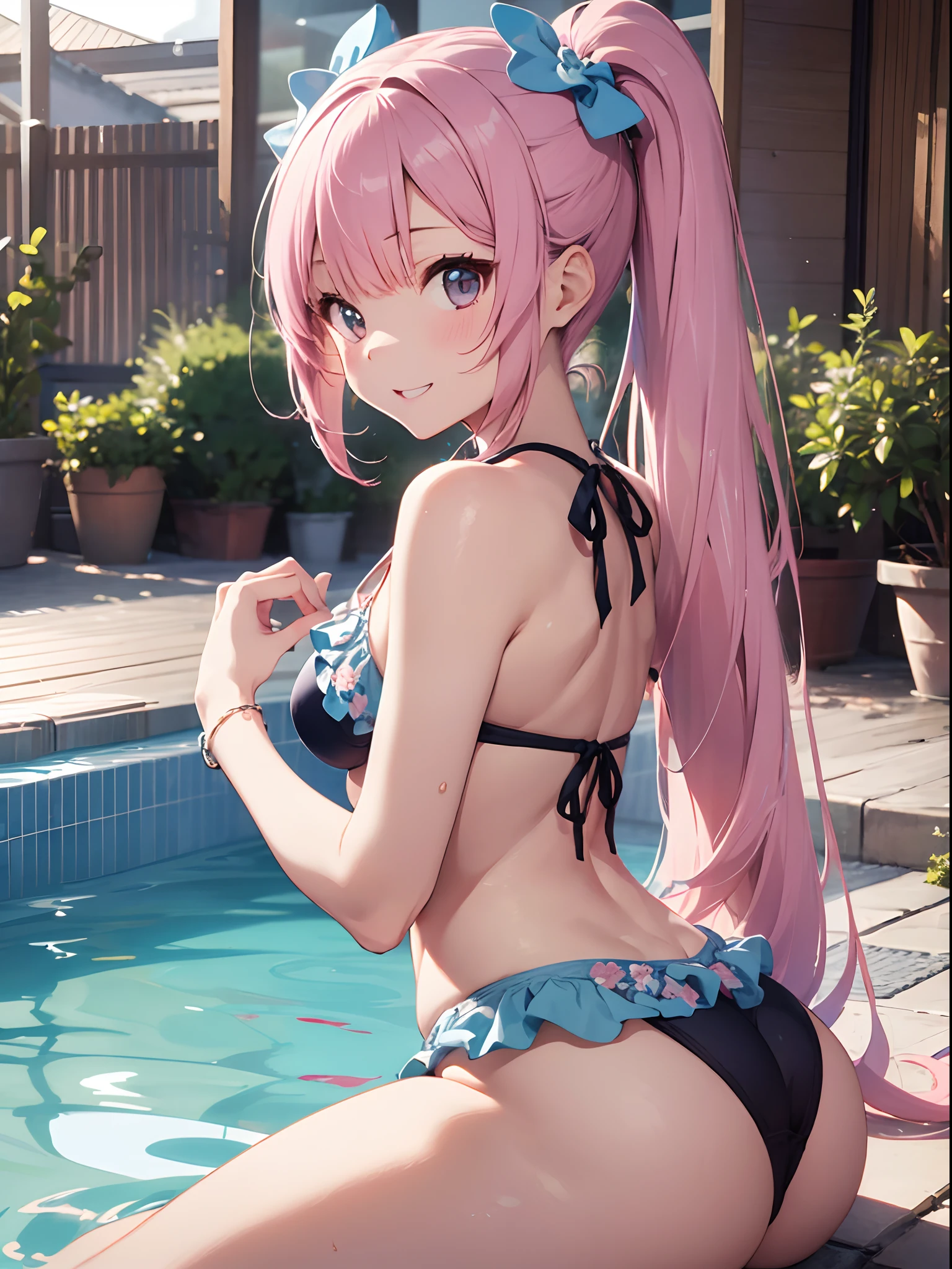 top-quality、masutepiece、8K、Pastel tones、girl with、Pink hair、(Low Long Twin Tail)、Very long hair、Resort Pool、Light blue floral ruffled bikini、s ass、Turned、Dynamic Styles、Open your thin mouth、ssmile