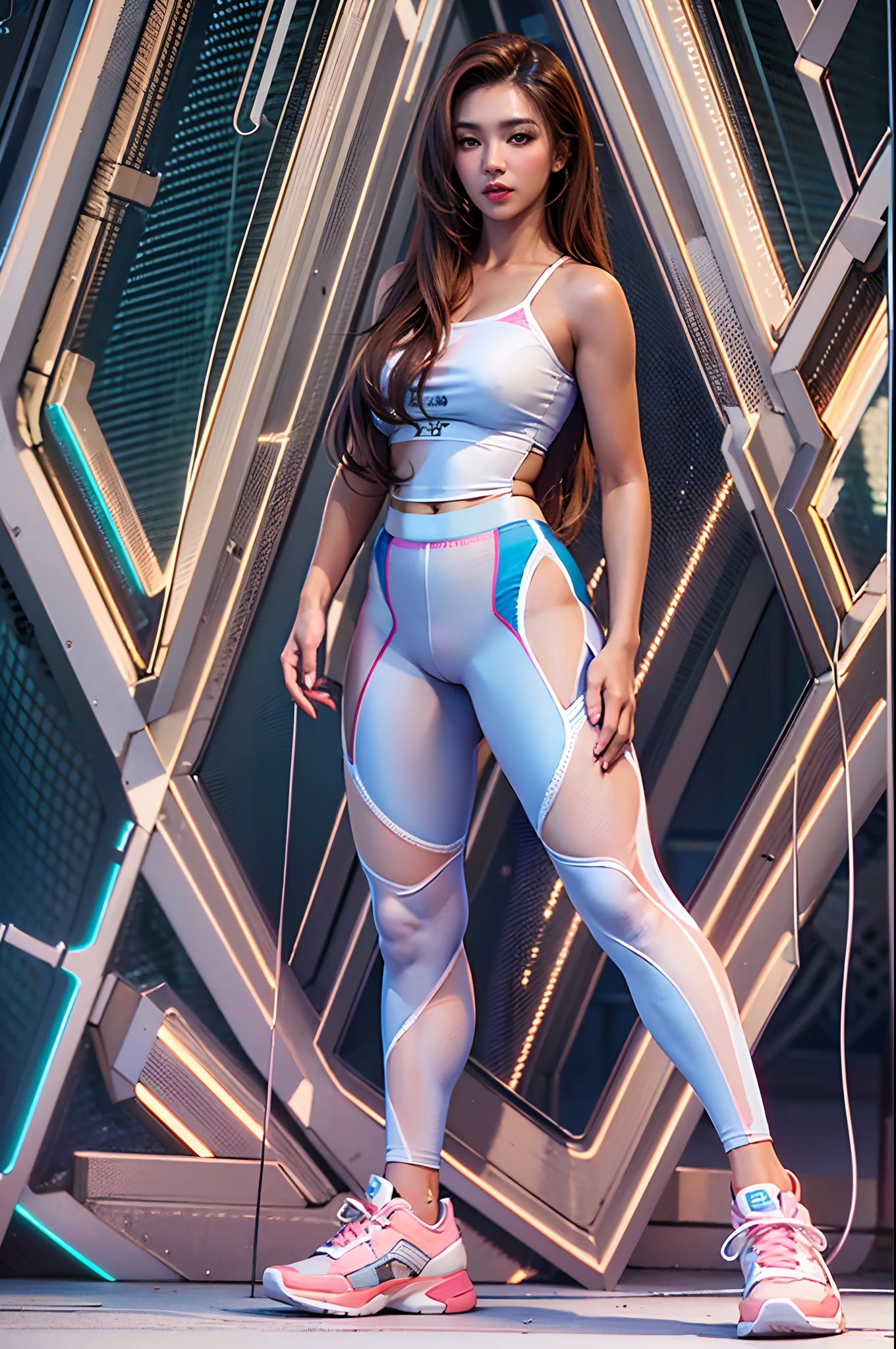 Hyper realistic super detailed sexy 18-year-old full-length woman, (extremely large breasts), (olhando: Confident, Brave, Strong.
Dressed: Fitted jumpsuit with protective fabric inserts, This accentuates the figure and allows for freedom of movement.
Accessories: goggles on head, Headphones to communicate with the robot, Wrist Mounted Robot Remote Control Bracelet.), [:(face detail: 1.4): 0.4, 16K resolution, (elongated chest: 1.7), (slimness: 1.2), (Narrow waist:1.6),
(Slim legs: 1.4), (hyper realisitc: 1.4), (back light: 1.2),
(Sunlight: 1), (full height:1.8), (pectoral muscle: 1.3), (contrasting background: 1.5), (Hyper-realistic hand anatomy), (Hyper-Realistic Leg Anatomy), (Clean skin), (Veins Not Visible: 1.5), (Cinematic lighting: 1.9), (Intimate), (NVIDIA RTX Ray Tracing Technology), (Hyper-Realistic Arm Anatomy: 2), (Perfect flat stomach), (Color Image), 8mm Film Grain, Shot on Sony A9 1L, 135mm lens, f/1.8 Aperture, Deep Focus (14-битный RAW), (Unreal Engine 5), (photo realism: 1.5), (hyperrealistic skin texture), (Hyper-realistic clothing textures, Accessories, natural hair color, ambient), (Highest Image Resolution), (Posing, Standing on a Space Base)