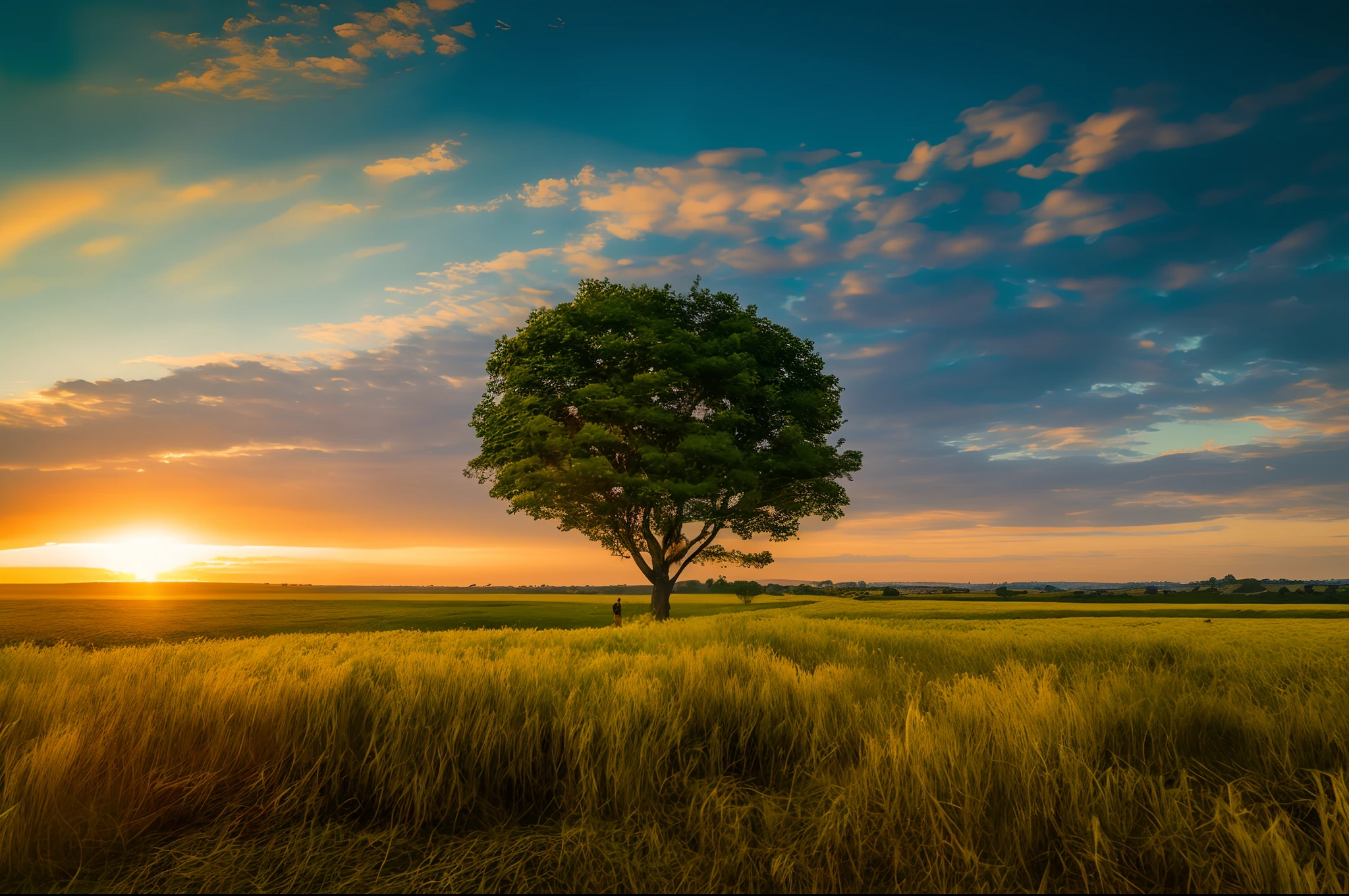 Acrescentar um ursinho em forma de desenha, with a backpack on his back and a colorful hat, Arafed tree in a field with a sunset in the background, lone tree, single tree, the tree is growing in a meadow, in high resolution of field, Hora de Ouro Brilhante, na hora dourada, natureza dos campos detalhados, dramatic warm morning light, Ao entardecer na hora dourada, Na hora dourada, foto de paisagem, one tree, Hora de Ouro, Durante a Hora Dourada