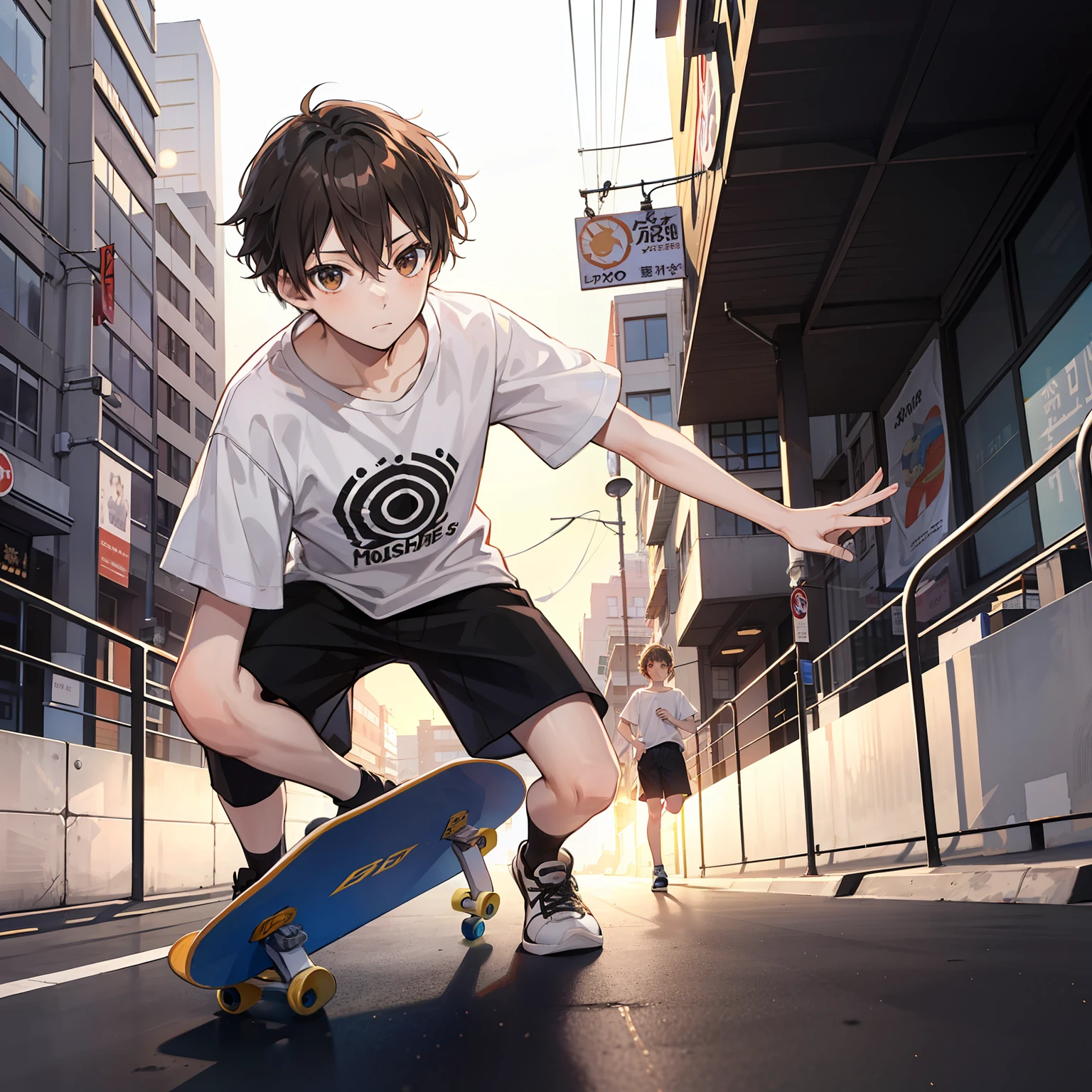  boy（Relaxed、Sun beam、kind），Short black hair，Light brown eyes，White T-shirt，On skateboarding，tmasterpiece，high high quality