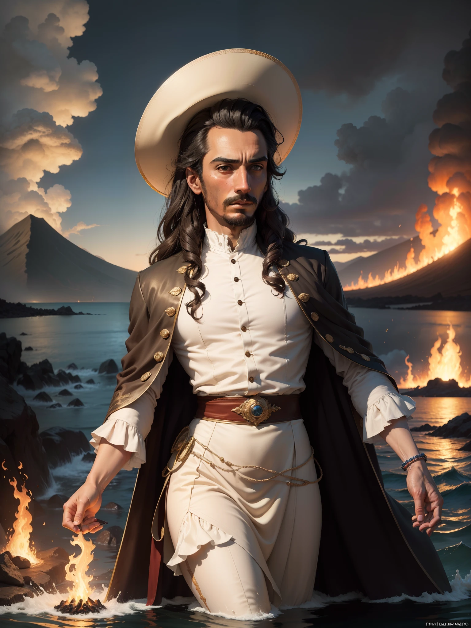 ((Best quality)), ((masterpiece)), (detailed: 1.4), 1 man Salvador Domingo Felipe Jacinto Dalí, in the background Hawaii Lahaina burning fire in the back, 1 girl painting from the water view, style by Jaime Frias, Best quality, realistic, award-winning illustration in color, intricate detail,
masterful use of lighting and shadows, intense expression with emotional depth, dynamic and unconventional composition,