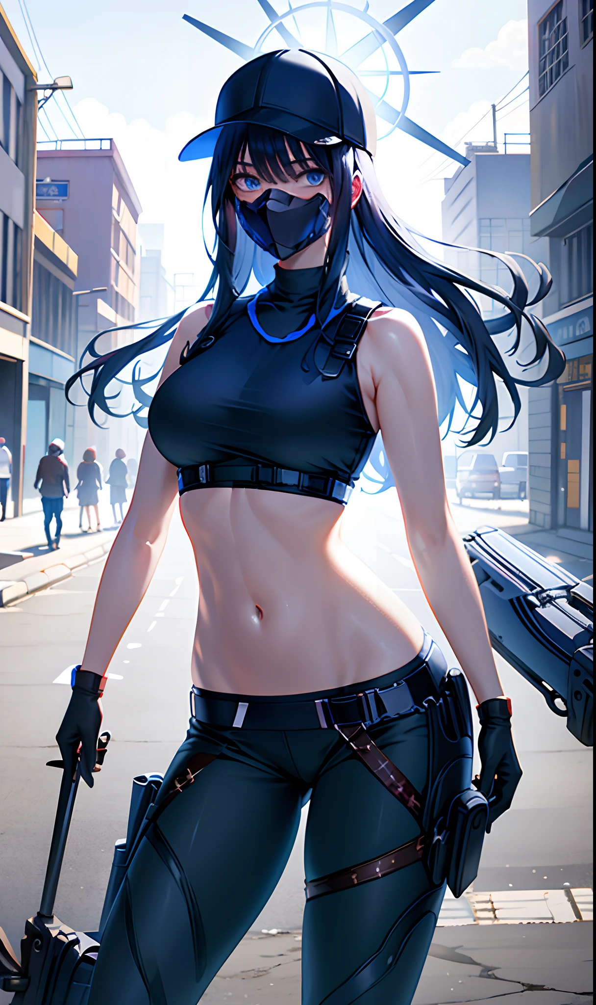 saori, {best quality}, {masterpiece}, detailed, (illustration), 1girl, solo, long hair, navel, breasts, hat, blue eyes, mouth mask, mask, pants, baseball cap, black headwear, black gloves, stomach, crop top, sleeveless, halo, large breasts, black shirt, black mask, black pants, black hair, cowboy shot, bangs, looking at viewer, sleeveless shirt, blue hair, holster, bare shoulders, standing, white background, underbust, expressionless, street, long navel, nice navel, ribs