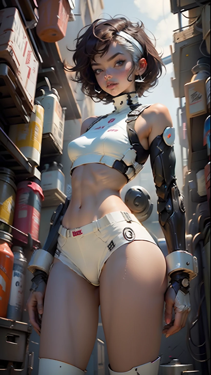 Woman body defined thick thighs cybernetic body parts, short underwear