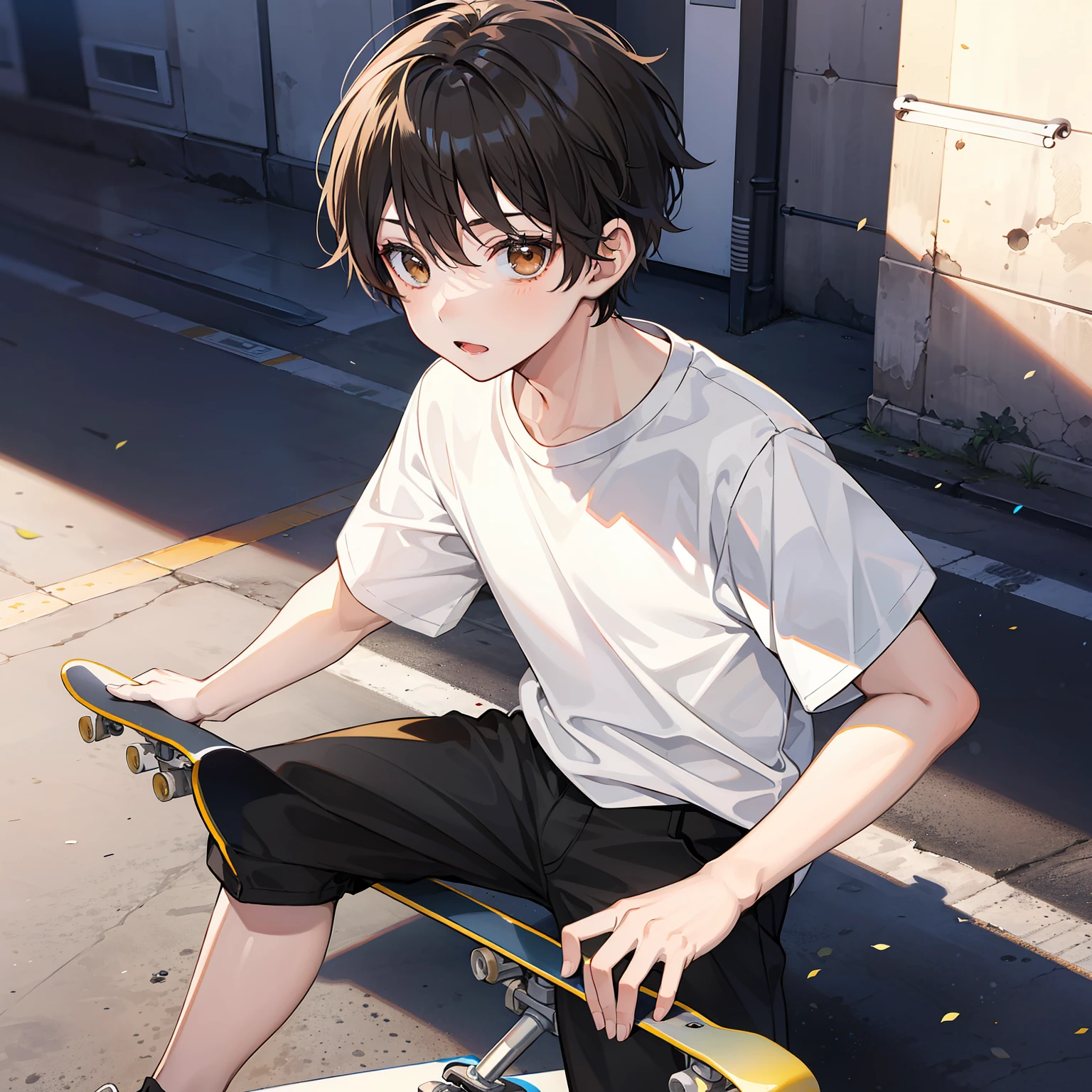 boy(Relaxed、Sun beam、kind),Short black hair,Light brown eyes,White T-shirt,On skateboarding,tmasterpiece,high high quality
