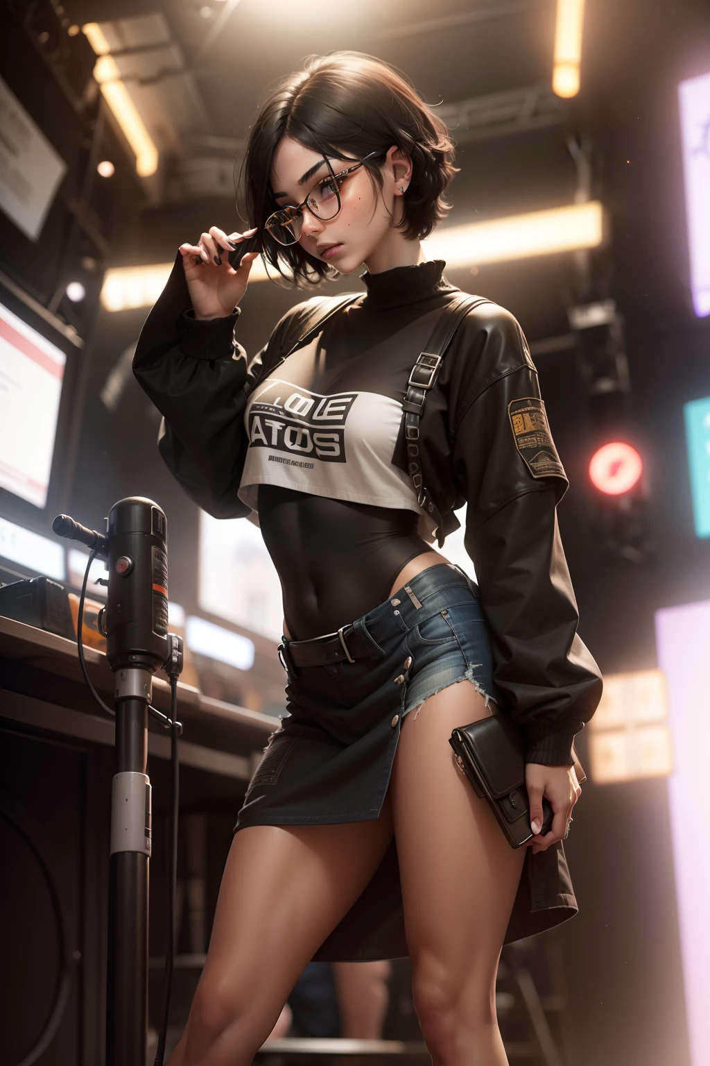1girl, beautiful girl, wearing eyeglasses, brown skin, small mole on her right cheek, half body, Body Length 150 cm, 20 years old, brown skin girl, .(short black hair, Street hairstyle) , (black eyes), realistic eyes, beautiful and big eyes), sexy clothes, Small breasts, (8k wallpaper), (stage wallpaper) 8k, high quilty, realistic, beautiful realistic, Cool details, raw photo, realistic clothing, short hair, black hair, realistic hair, Light and cool lighting, photo realistic, Cel shaded, Gel lighting, ultra details