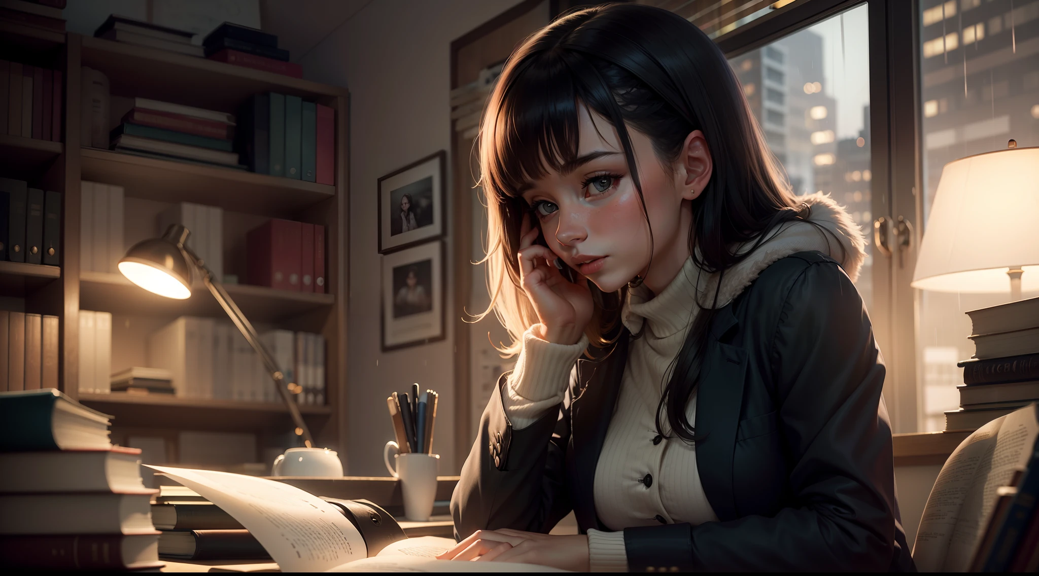 young woman, in her office, reading books on a rainy night