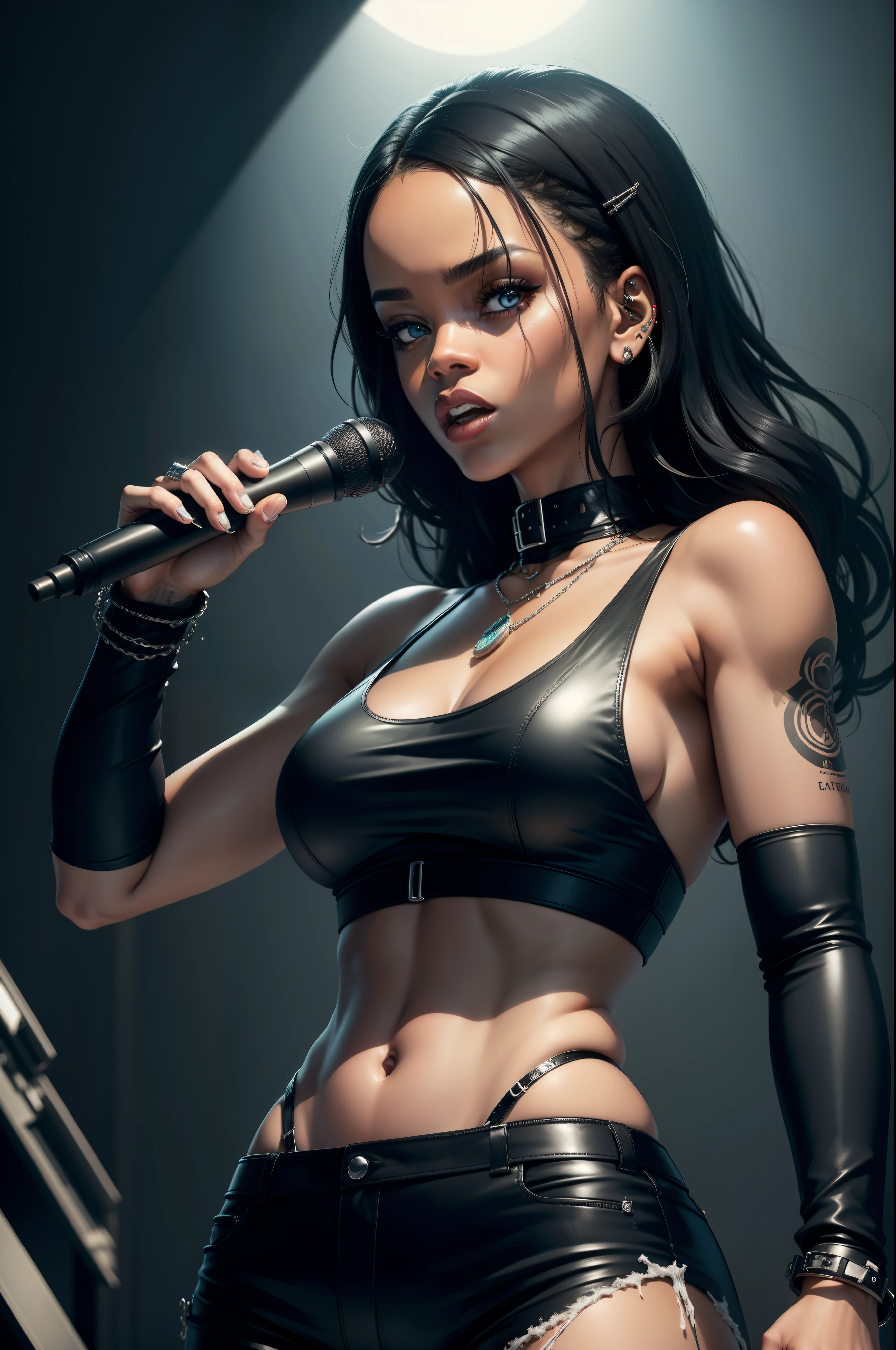 A realistic image of Rihanna in a death metal tank top and black leather pants, salto alto preto, segurando um microfone e cantando, imagem de corpo inteiro, colar de espinhos e maquiagem de caveira death metal, Realistic, 8k, Face Ultra Detalhada, olhos ultra detalhados,