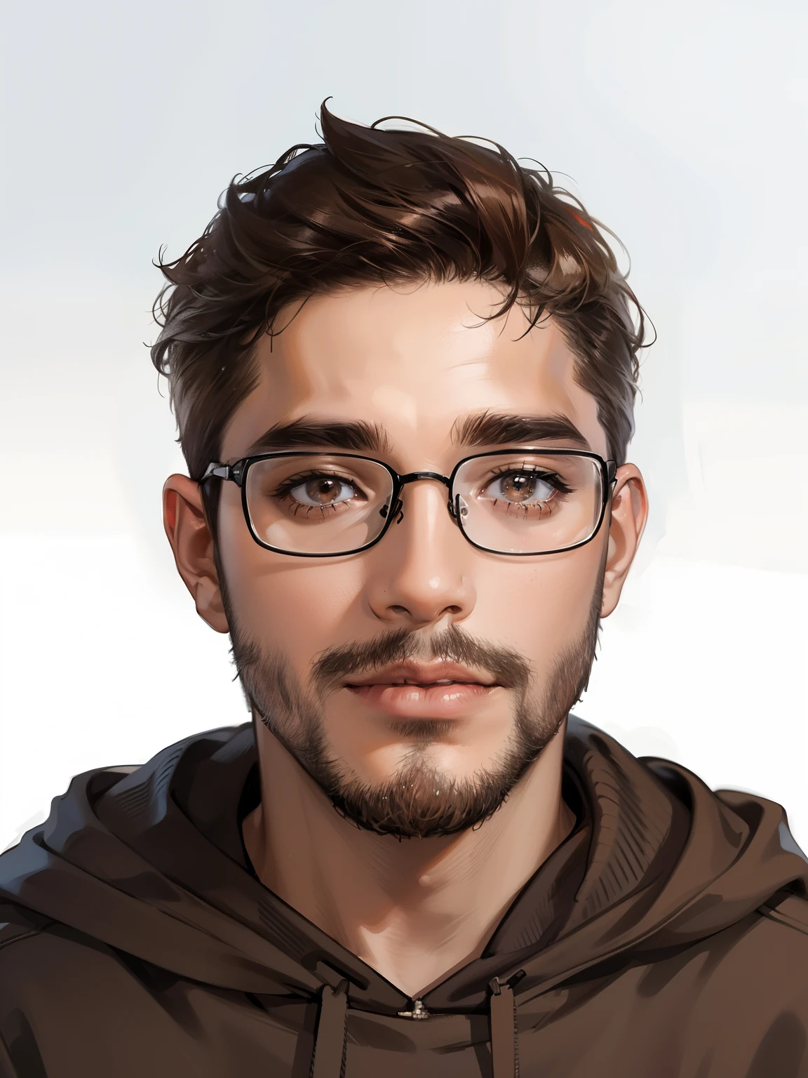 portrait, hoodie, ((glasses)), short hair, ((dark brown hair)), ((brown eyes)), ((anime)), masterpiece, High-Resolution, ((realistic))